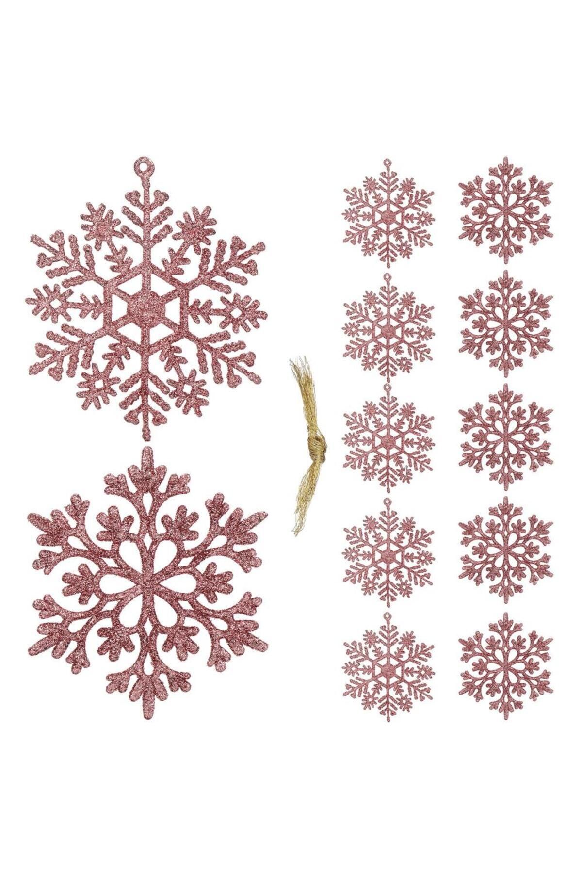 Springos-Set of 12 Snowflake Christmas Tree Decorations, 10 Cm, With String, Pink 3