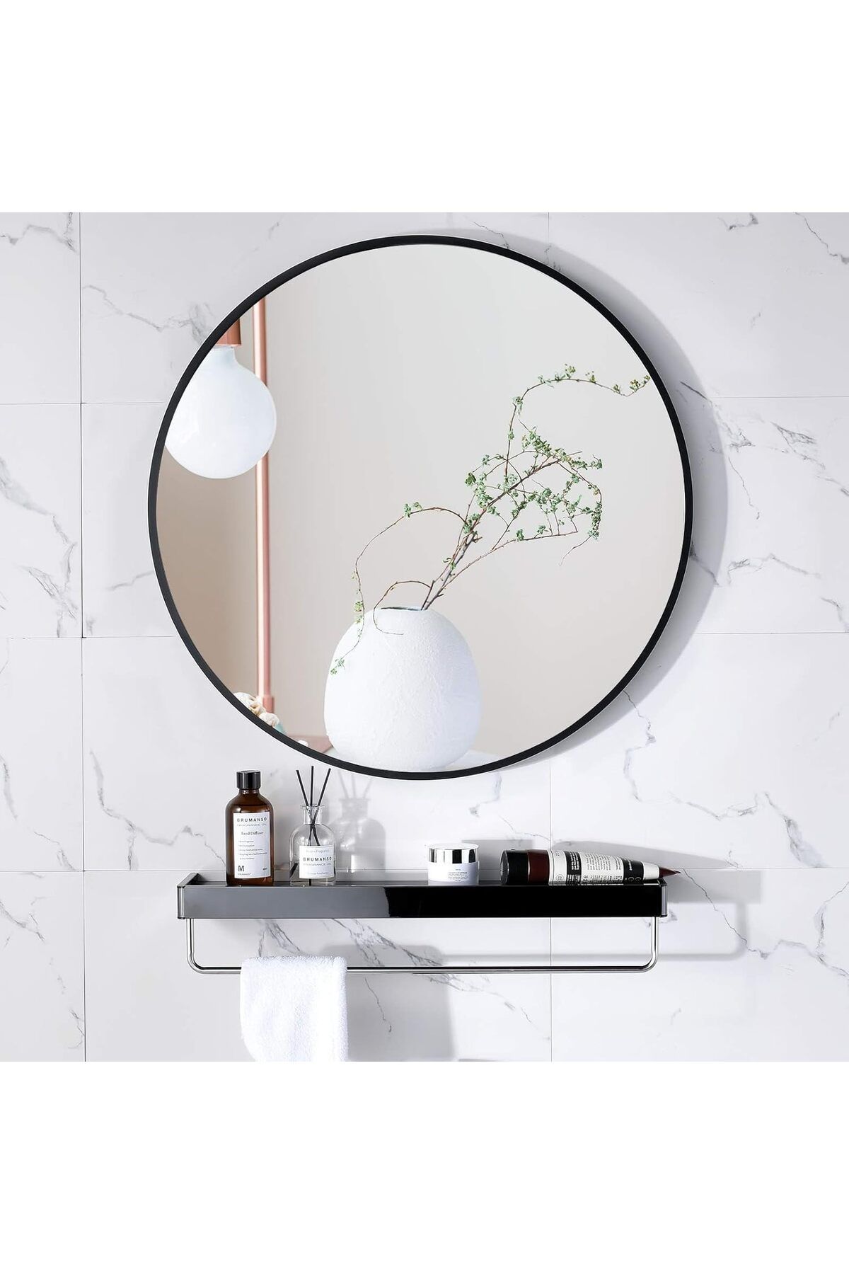 Generic-EOGILY Round Mirror with Floating Shelf, Black Metal Frame Wall Mounted Circle Mirror, Wall Mirror 1