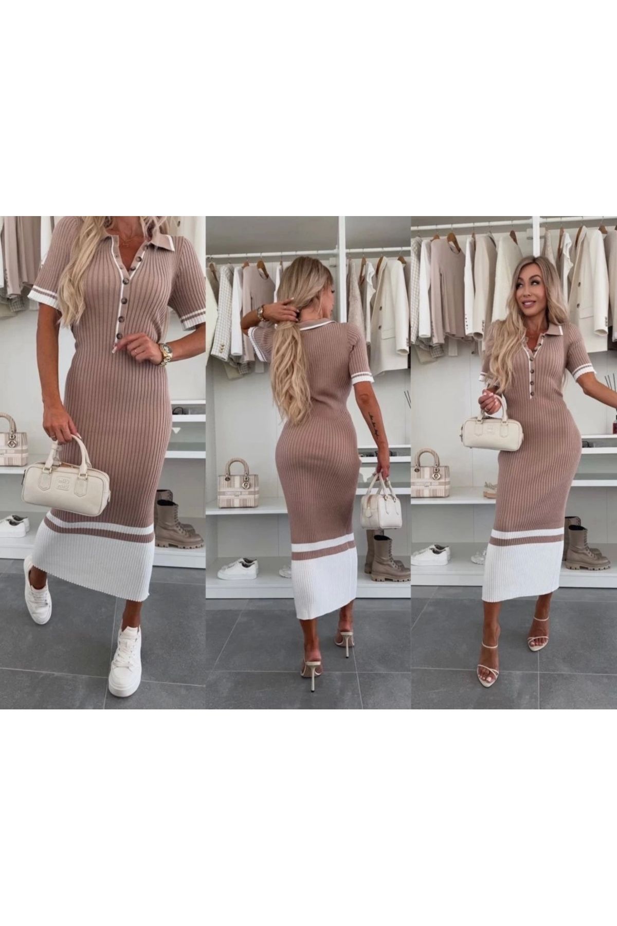 Butik Kadın Triko Polo Yaka Midi Boy Elbise