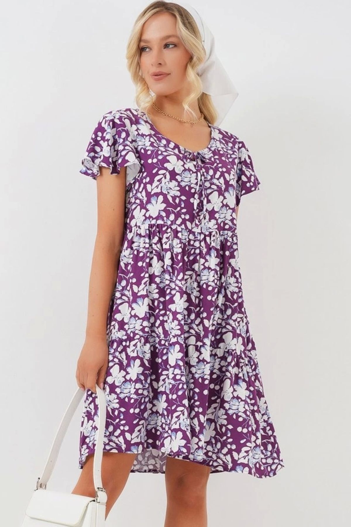 Butik 2352 V Yaka Kısa Elbise - Mor
