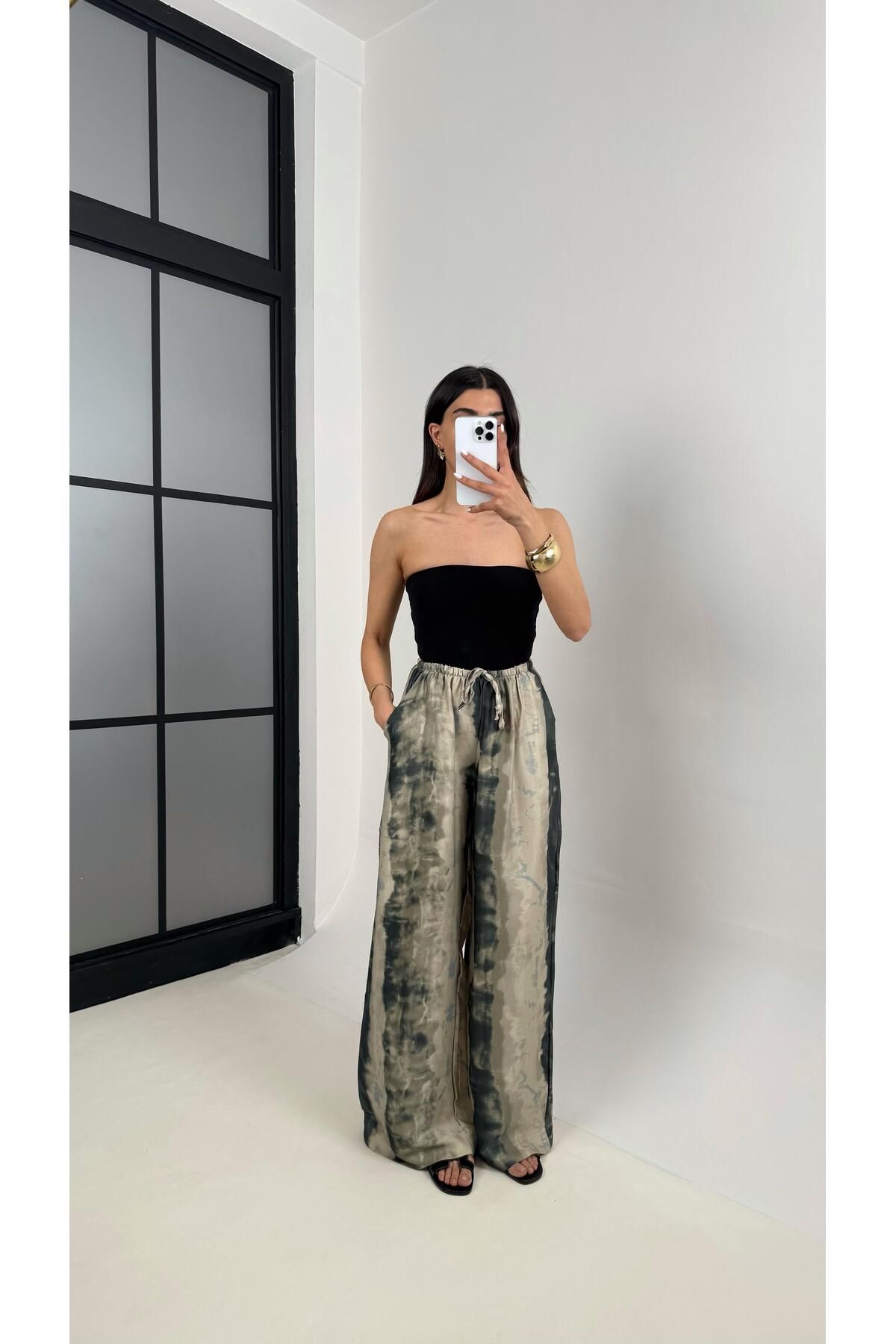 Gaus Taş Desenli Tasarım Saten Pantolon Gaus00396