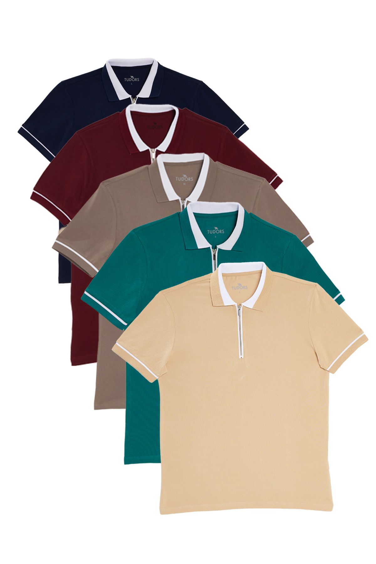 Tudors Erkek 5'li Paket Lacivert-Vişne-Vizon-Yeşil-Kum Slim Fit Pamuklu Düz Fermuarlı Pike Polo Yaka Tişört