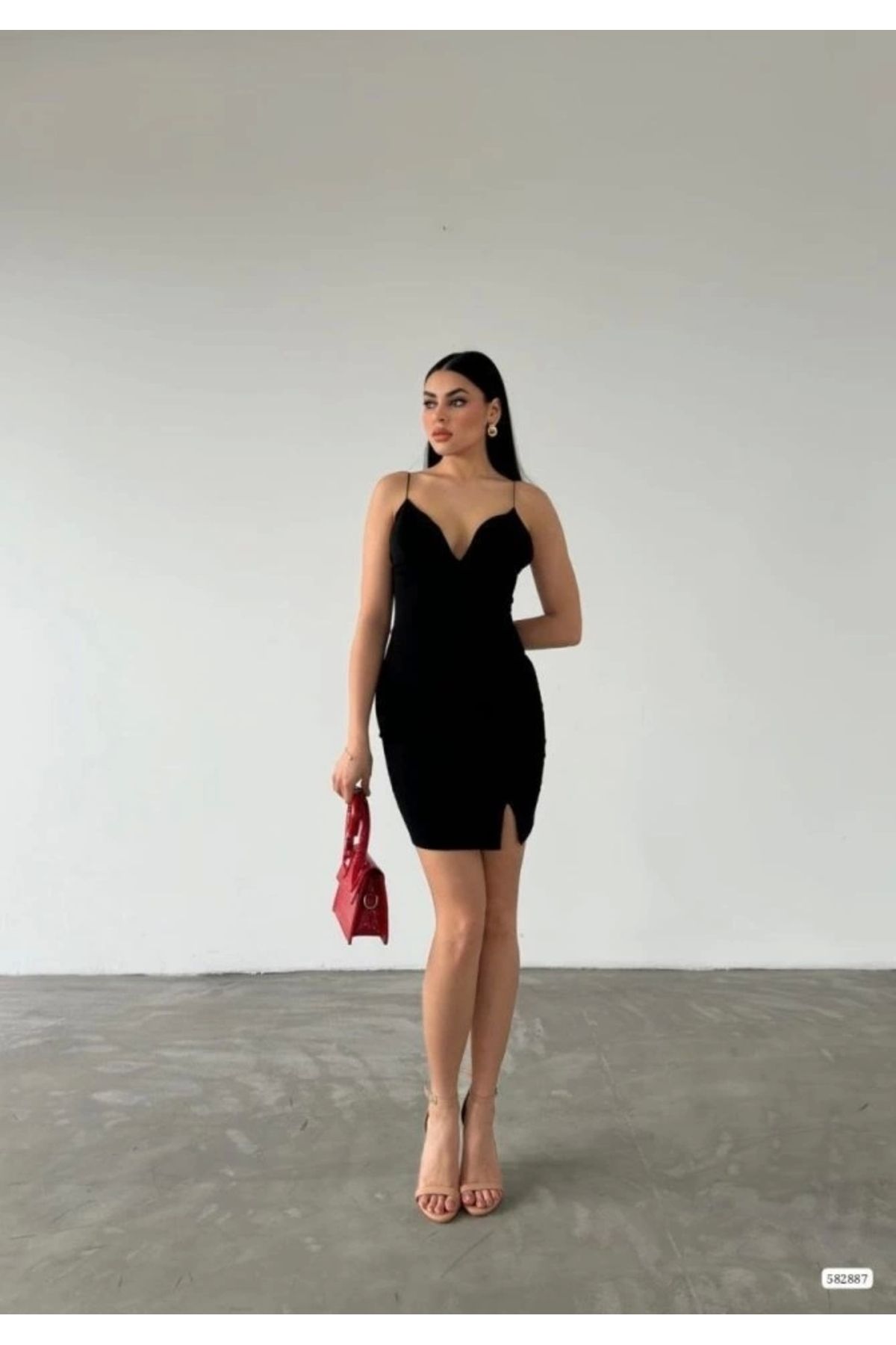 Butik Kadın Dalgıç Krep Kumaş Askılı Mini Elbise