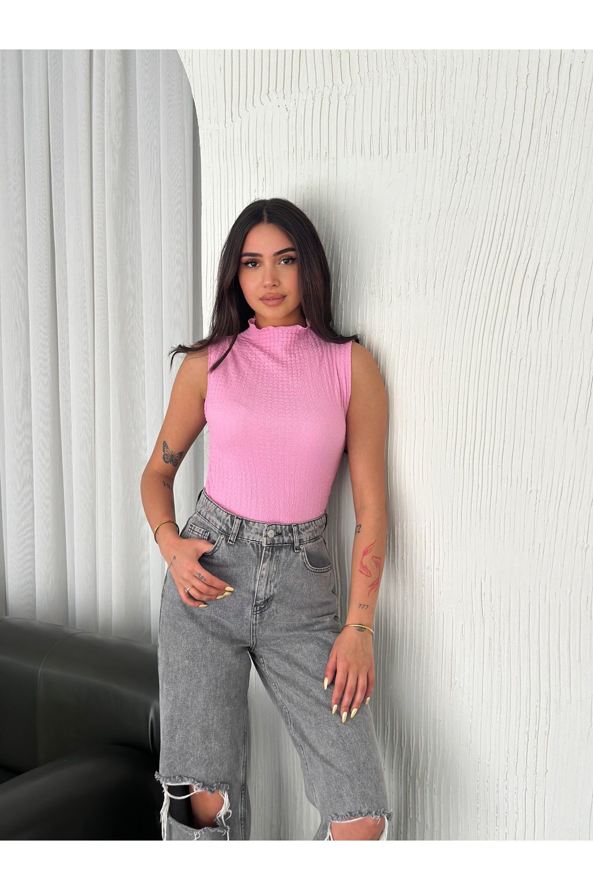 fiolin Dik Yaka Kolsuz Smock Bluz
