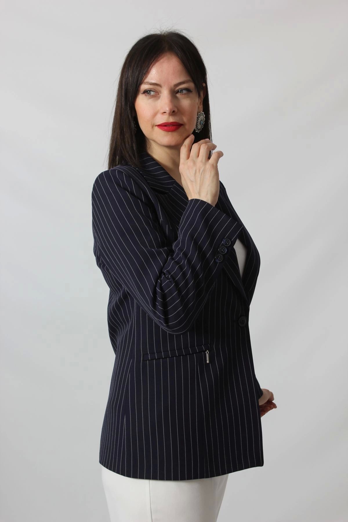 Moda Berray 1906 Lacivert Çizgili Fermuarlı Cep Aksesuarlı Kadın Büyük Beden Blazer Ceket