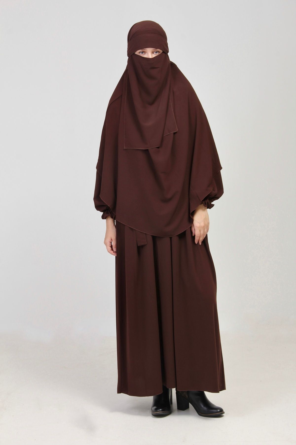 Altobeh Abaya Takımı- 3lü Takım- Kolu Fırfırlı Kemerli Çarşaflı Peçeli Takım