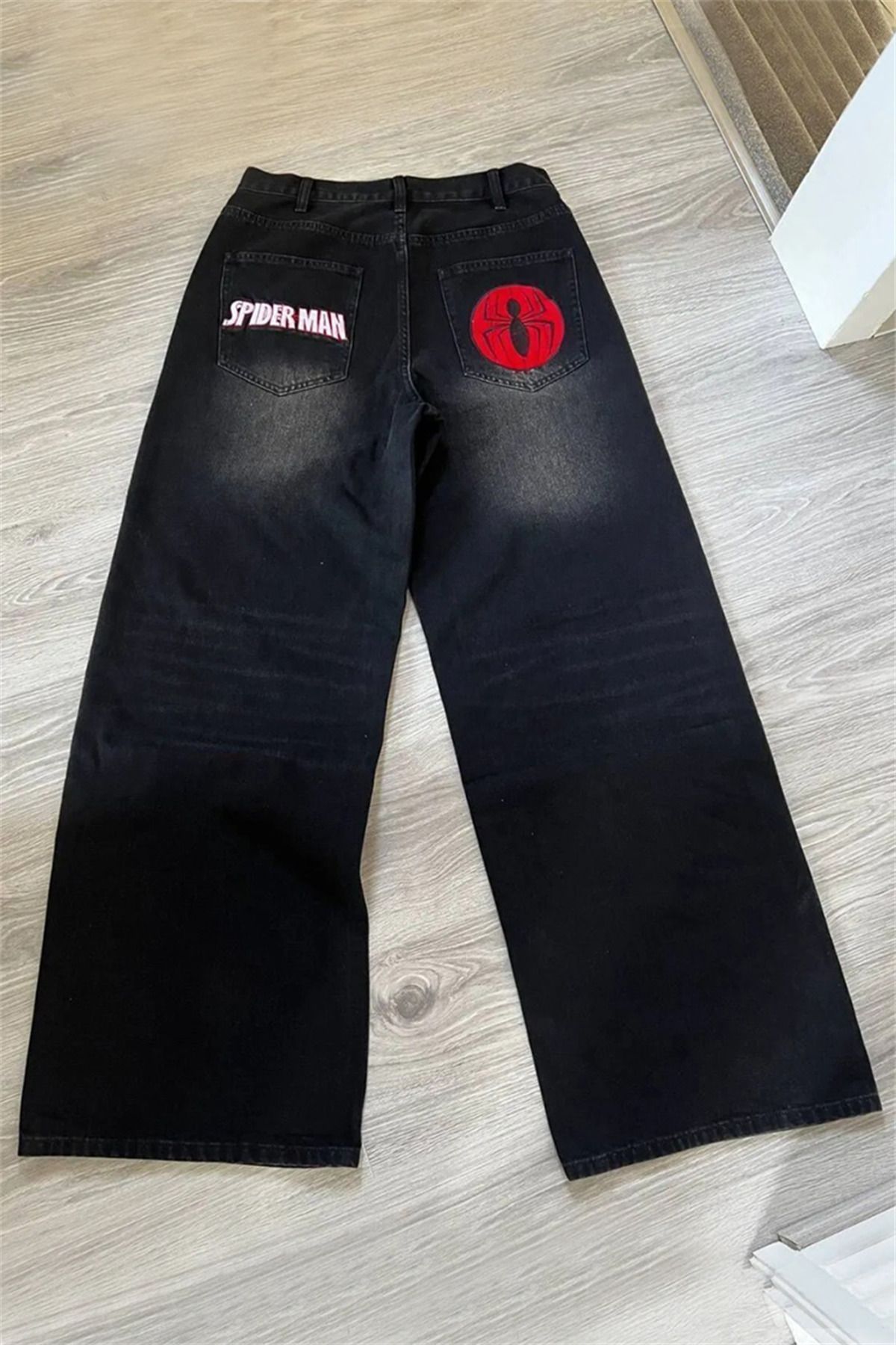 Karakedi Siyah Spider Taşlamalı Harajuku Baggy Pantolon