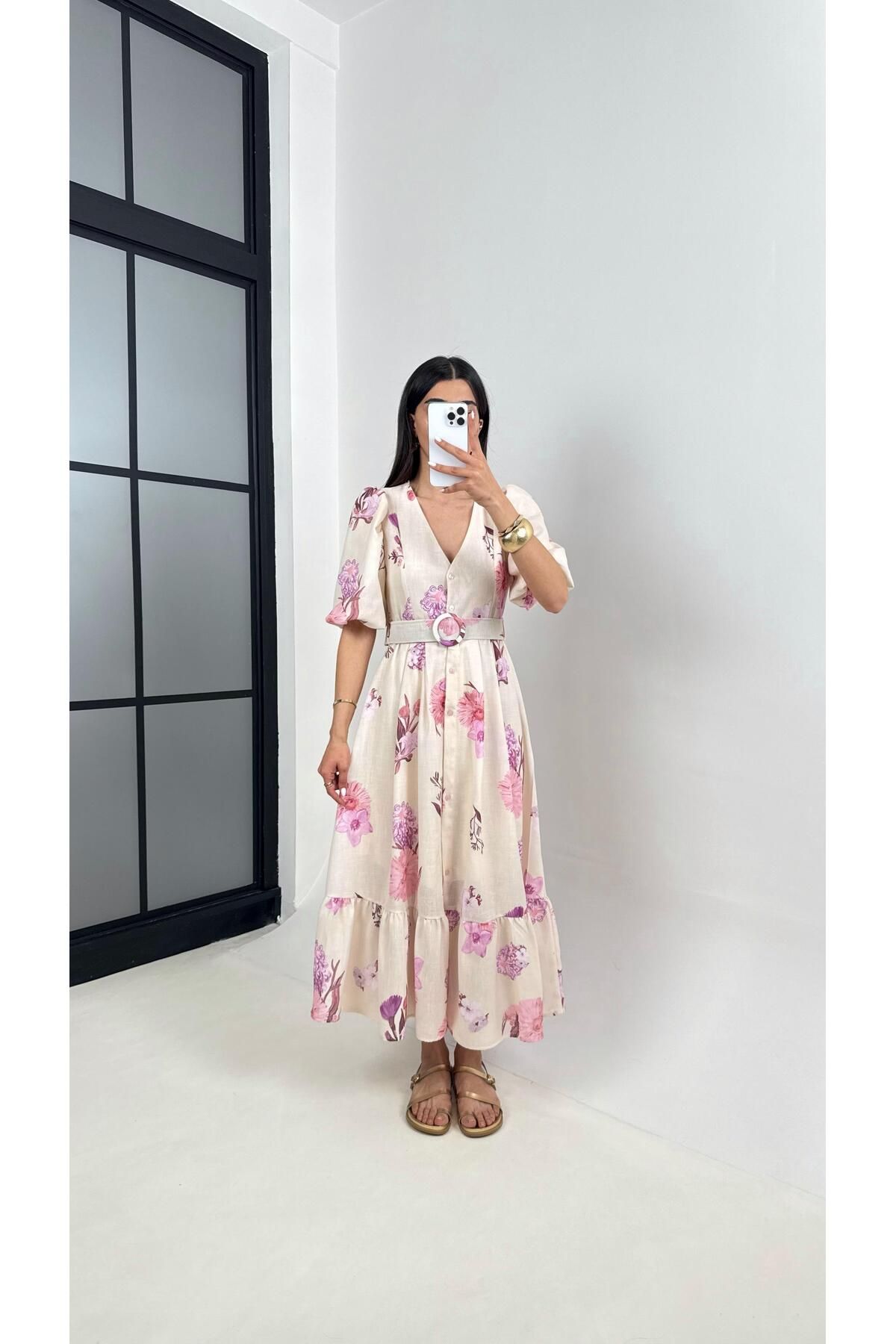 Gaus Taş V Yaka Pembe Çiçek Desenli Astarlı Balon Kol Kemerli Elbise Gaus00394
