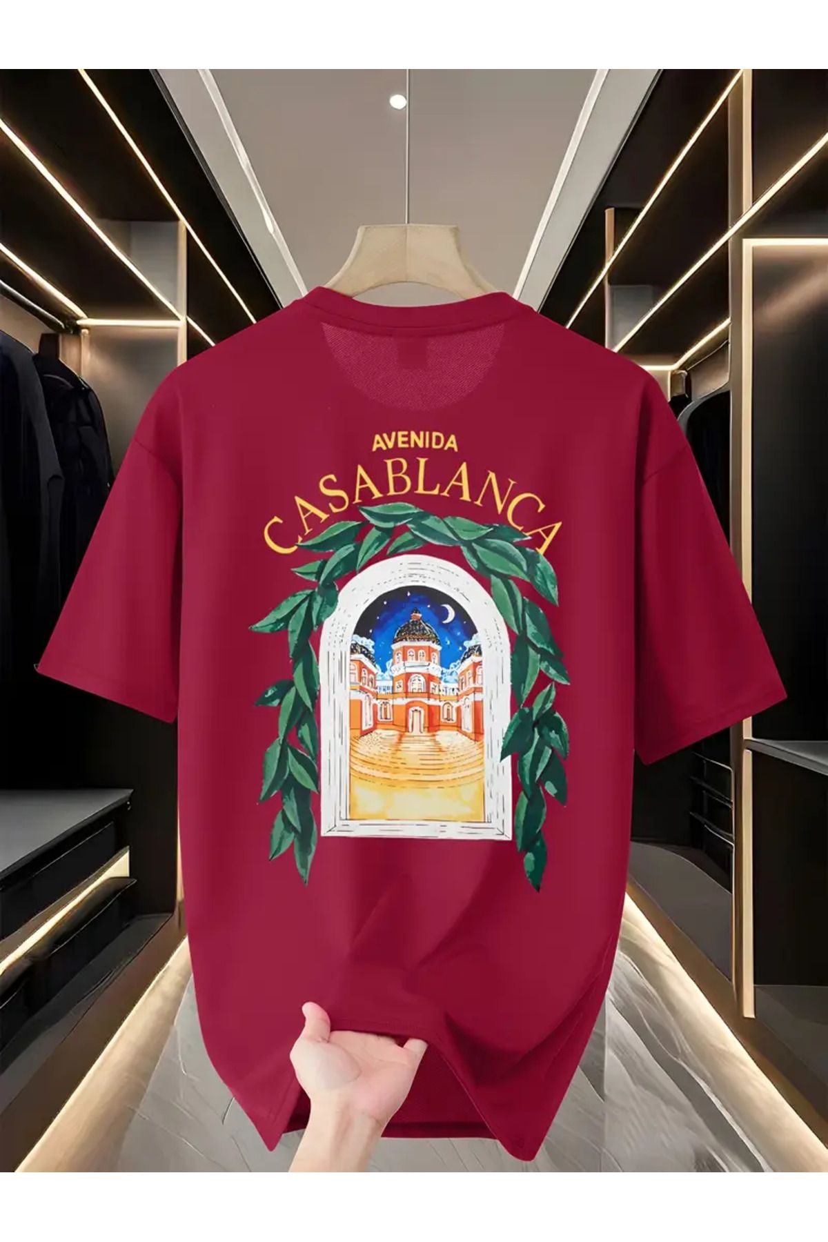 aynewmoda Erkek Rahat Bol Kesim Yuvarlak Yaka Tişört - Casablanca Fiyonk Baskı