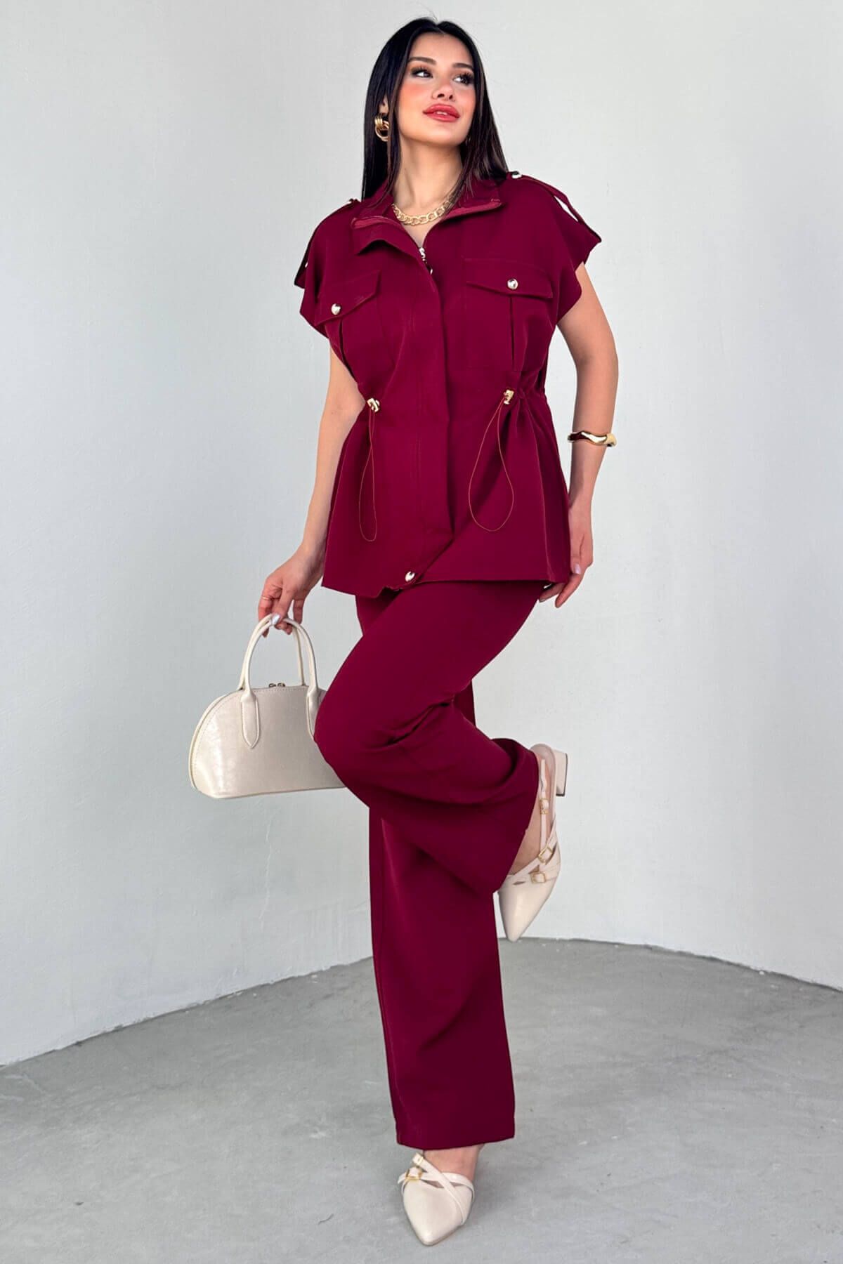Cappmoda TKM-13294 Bordo Fermuarlı Stand Yaka Cepli Üst & Salaş Pantolon İkili Takım