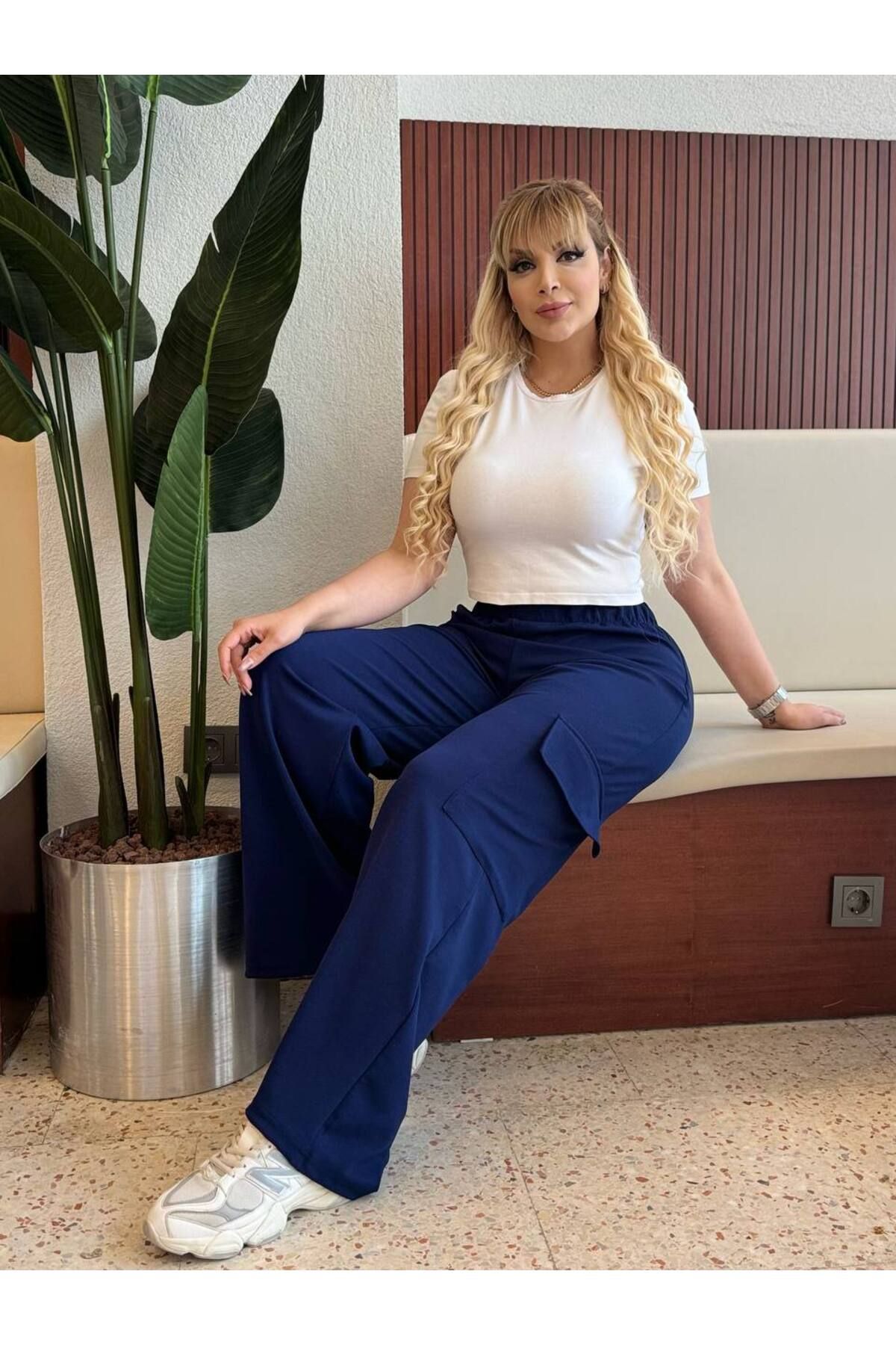 ViolettaXL KADIN BÜYÜK BEDEN KARGO CEPLİ BELİ LASTİKLİ ESNEK KREP PANTOLON
