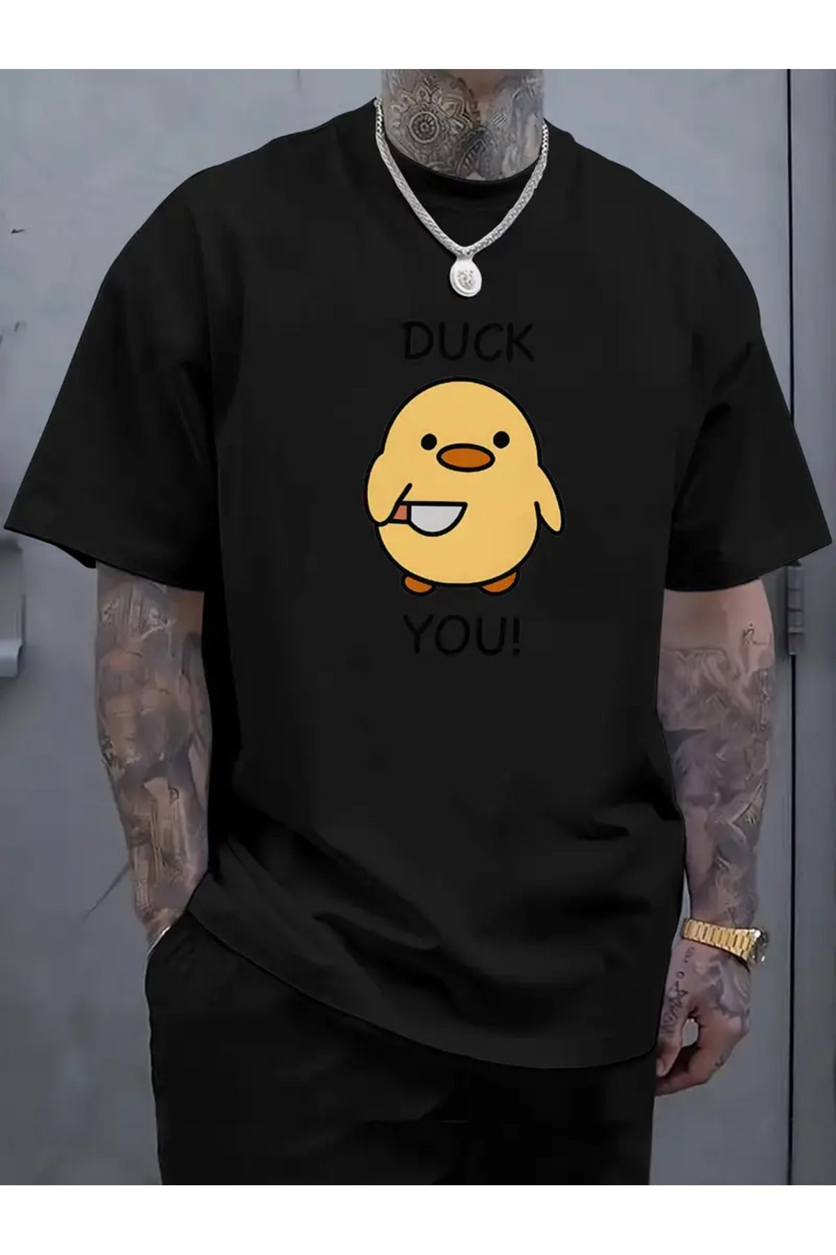 aynewmoda Erkekler için "Duck You!" Grafik Tişört - Lastik ördek tasarımına sahip, rahat, kısa kollu tişört.