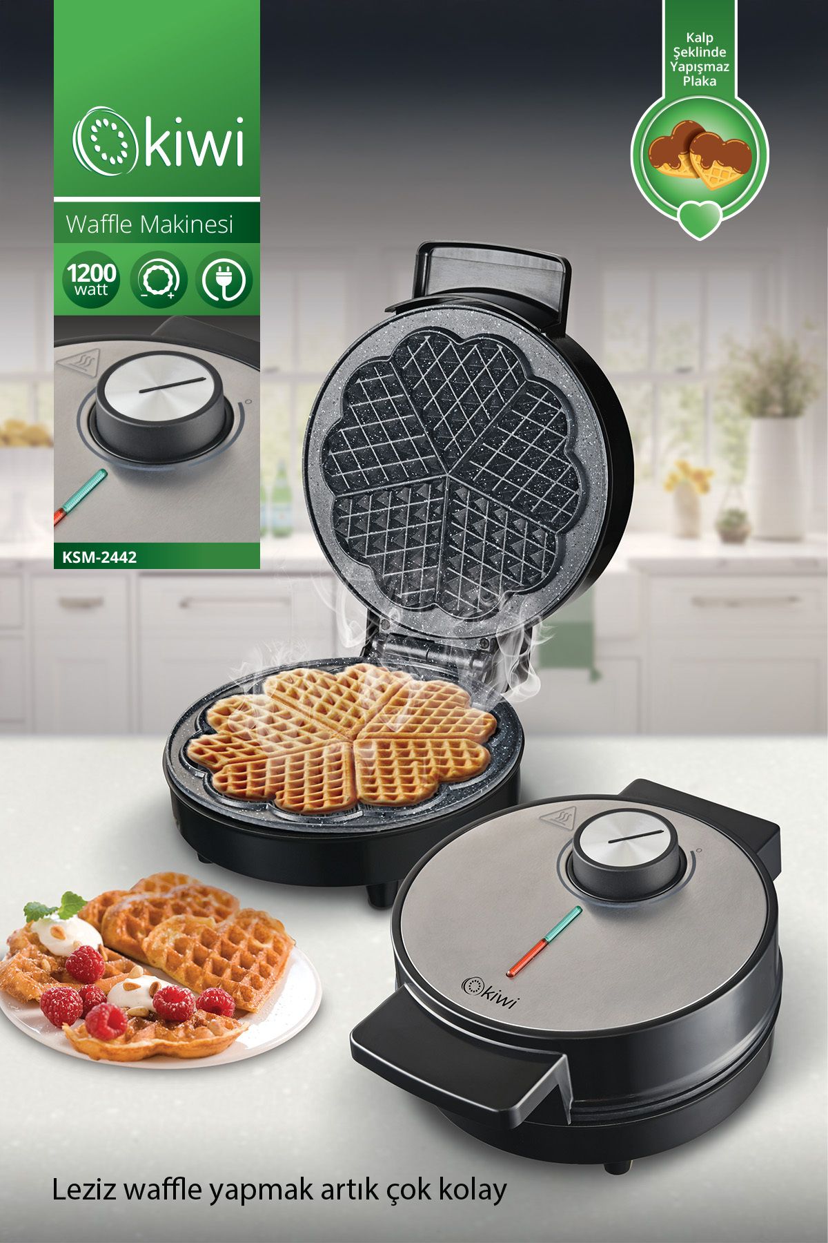 Kiwi Ksm-2442 Kalp Desenli Yapışmaz Plakalı Paslanmaz Çelik Waffle Makinesi