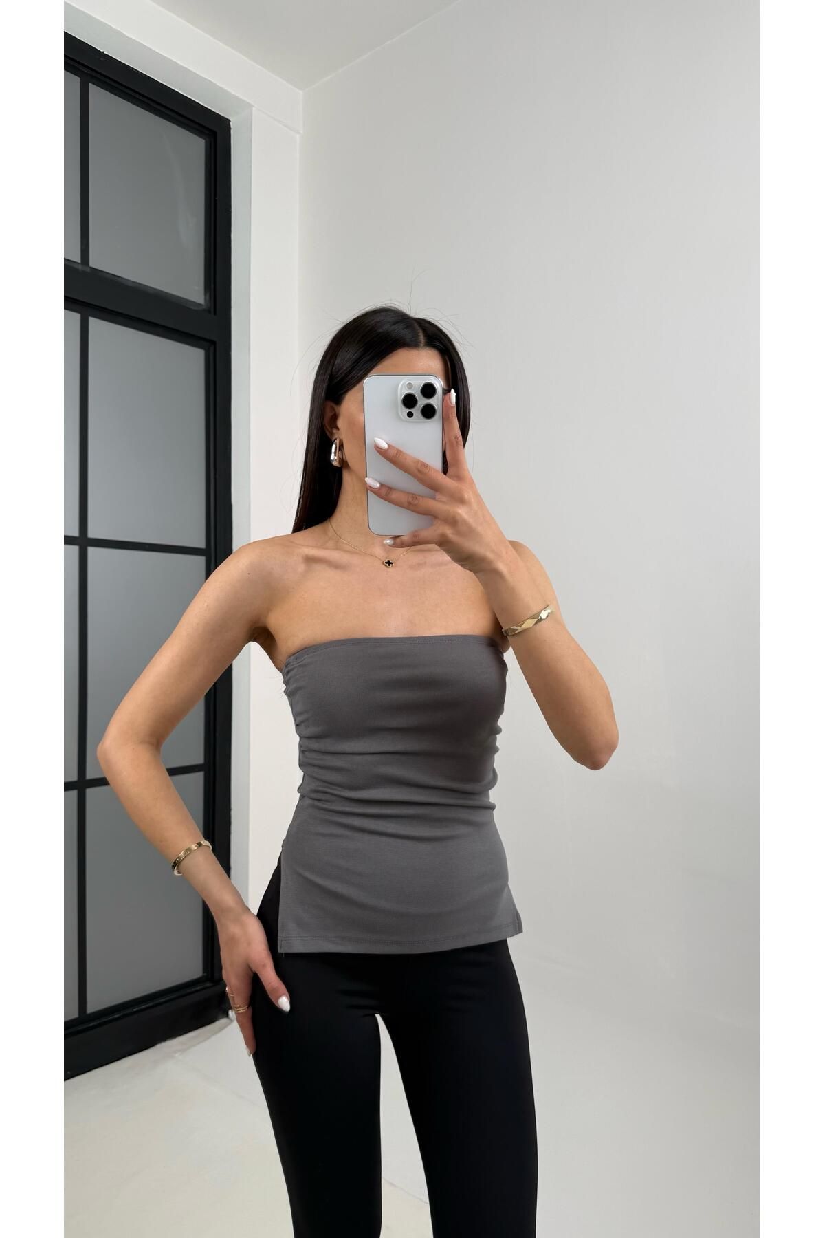 Gaus Antrasit Yanları Yırtmaçlı Straplez Crop Gaus00368