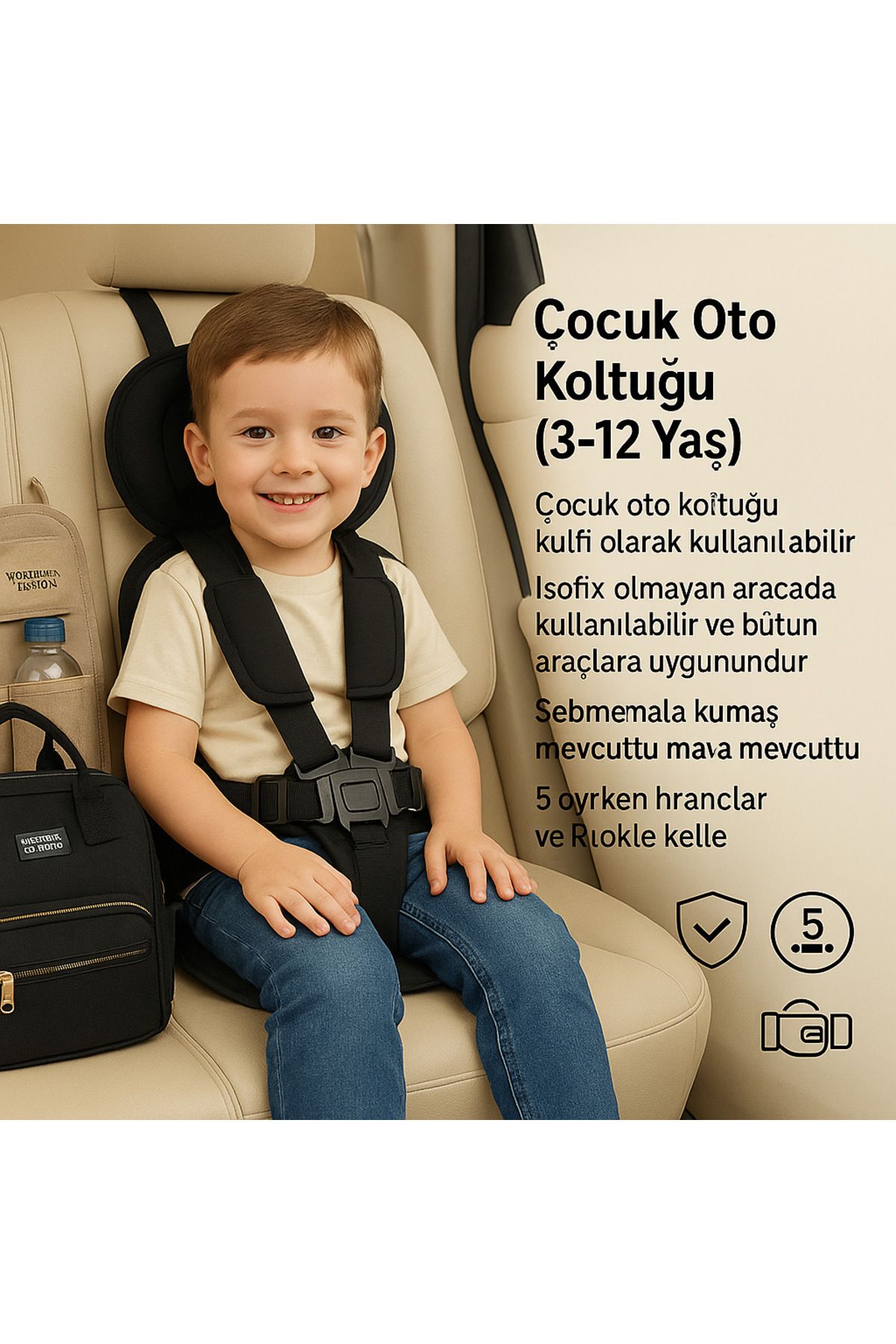 Siyah 3-12 Yaş Çocuk Oto Koltuğu - Güvenli, Konforlu Ve Tüm Araçlarla Uyumlu, 5 Nokta Emniyet Kemeri