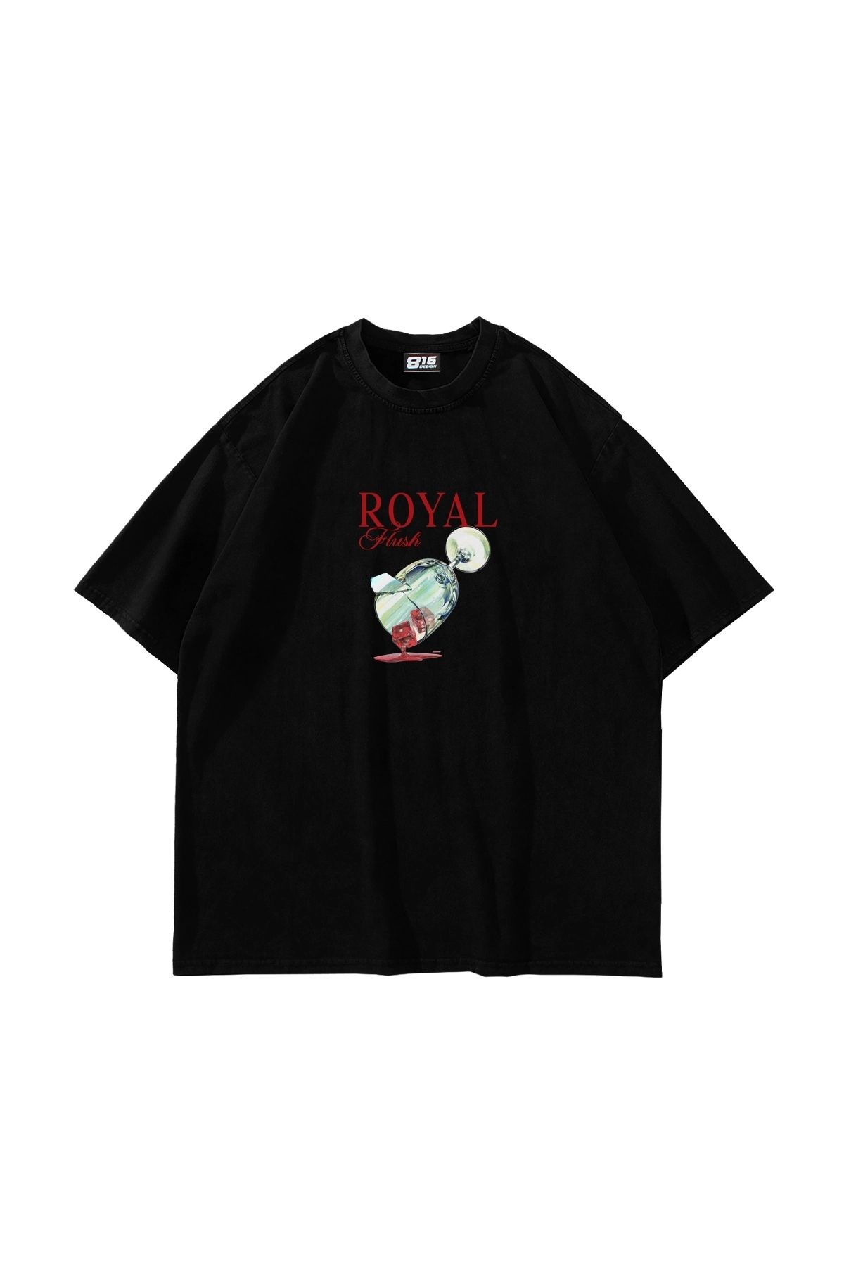 Sekizbiraltı Royal Flush Baskılı Oversize Unisex Siyah Tshirt