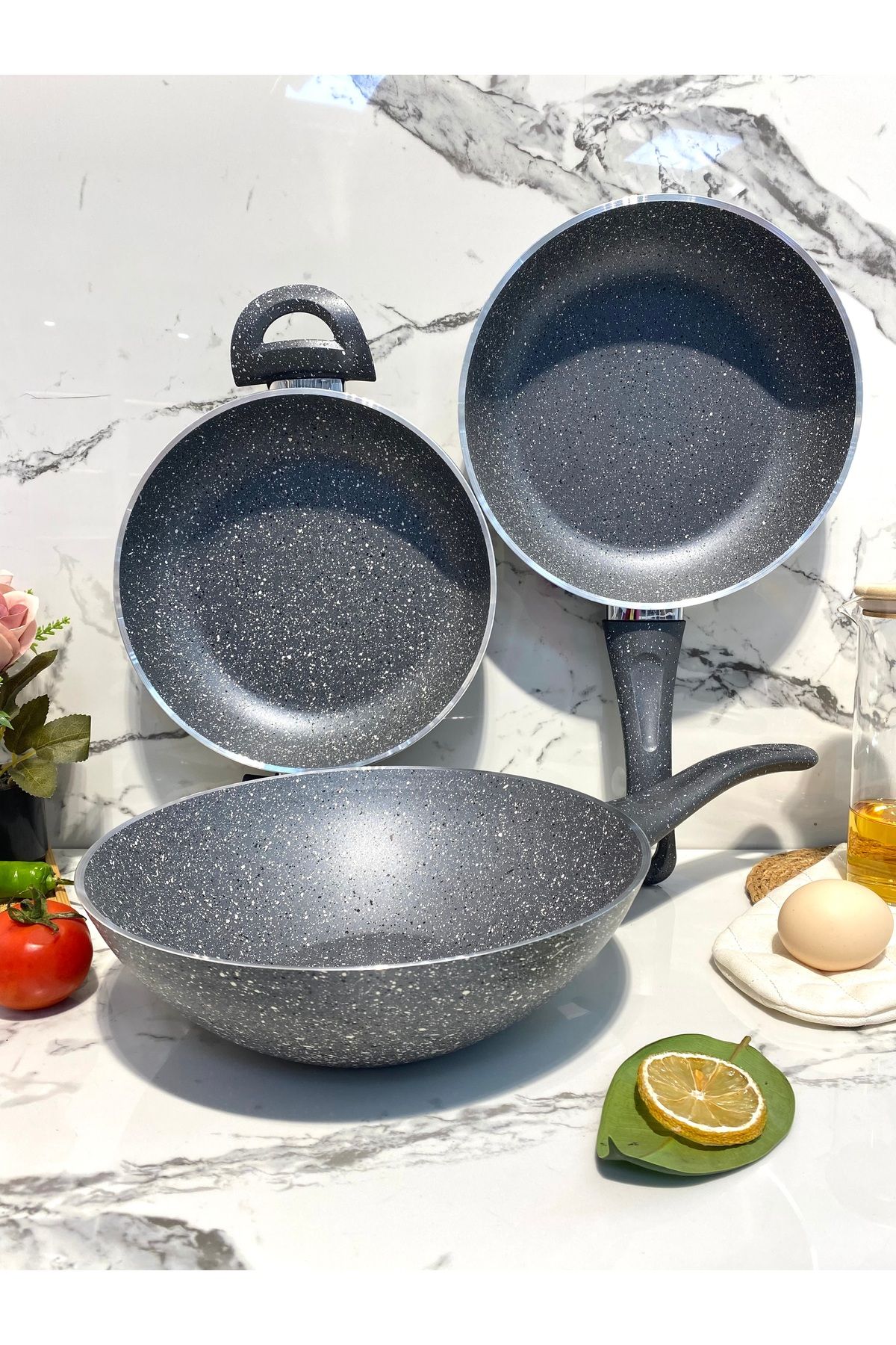 Elvira Granit Tava Set (26 cm Wok-22 cm Tava-18 cm Sahan)