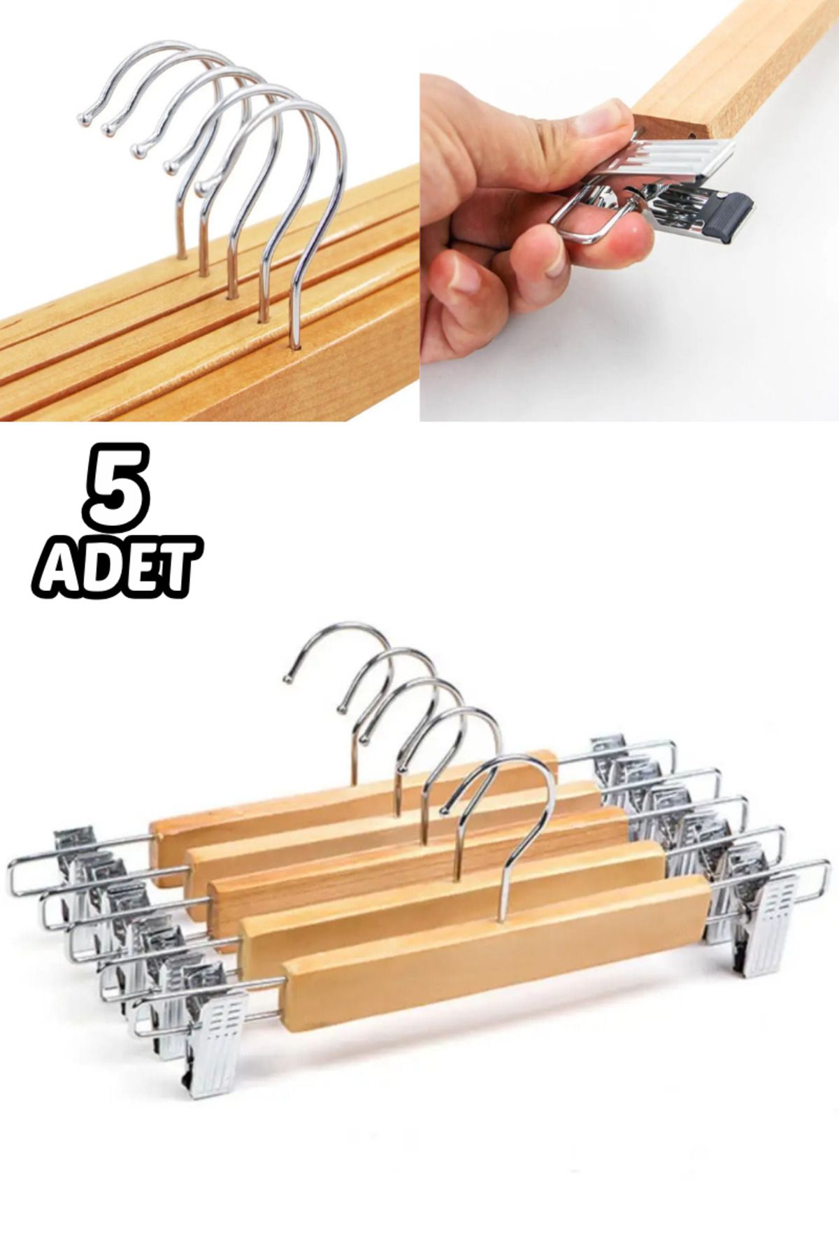 Comprox 5 Adet Ahşap Askılık Mandallı Etek-Pantolon Askısı Elbise Askısı-bebek askılık - ayarlanır askılık