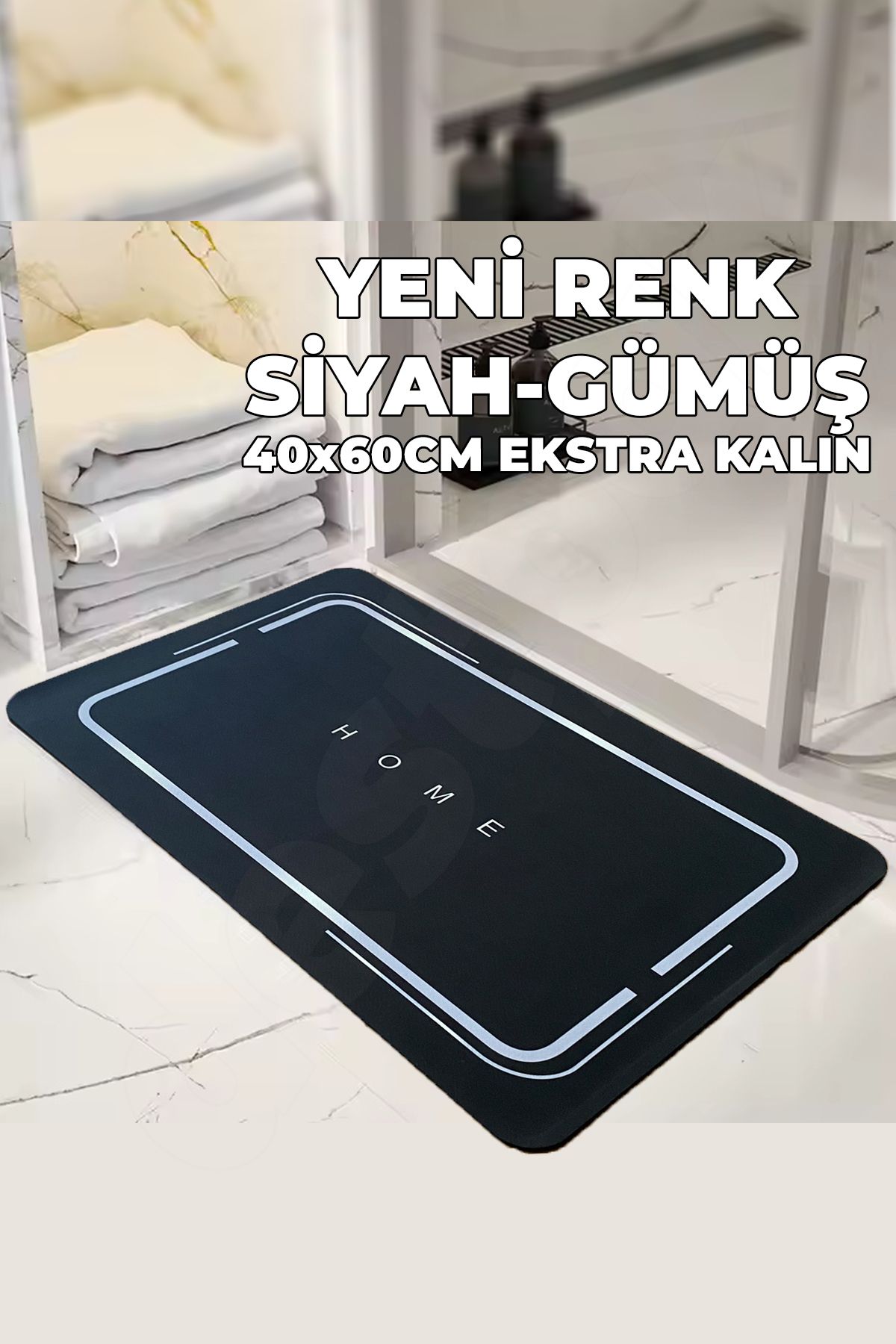Destpak 40x60 (EKSTRA KALIN) Siyah Gümüş Kaymaz Banyo Paspası - Ultra Su Emici - Kaliteli Kalın Model