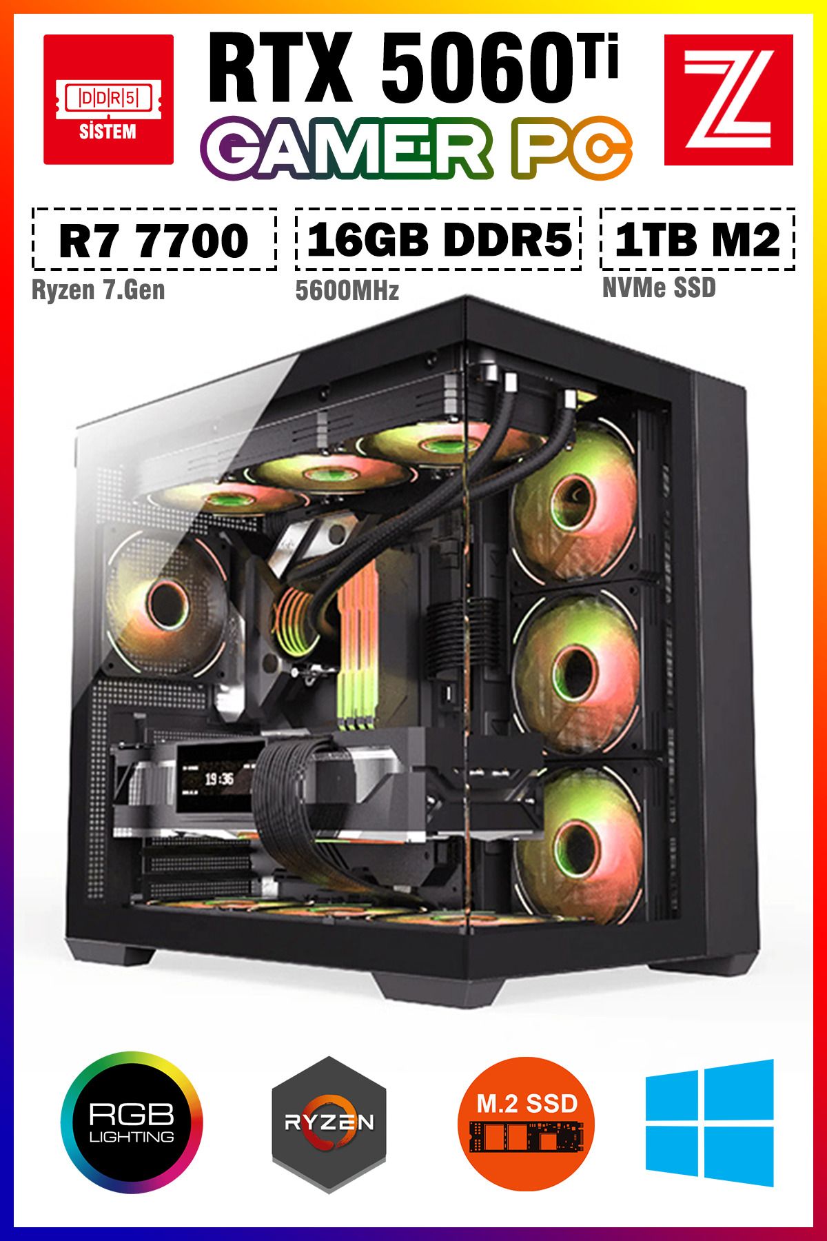 Zeiron Voyager X20 Ryzen 7 7700 16GB DDR5 1TB M.2 Nvme SSD RTX5060Ti 16GB Sıvı Soğutmalı Oyuncu Bilgisayarı