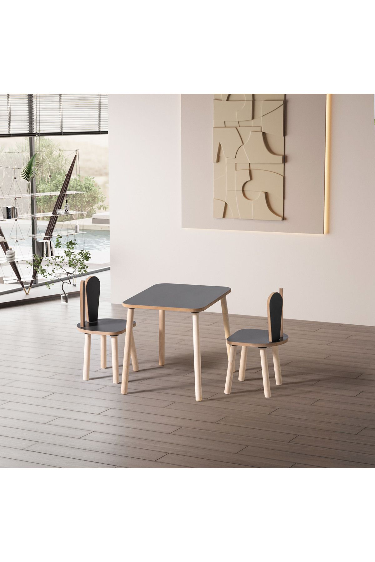 AlfaCountry Mobilya Montessori Çocuk Aktivite Masası Bunny 2 Sandalye Set Antresit