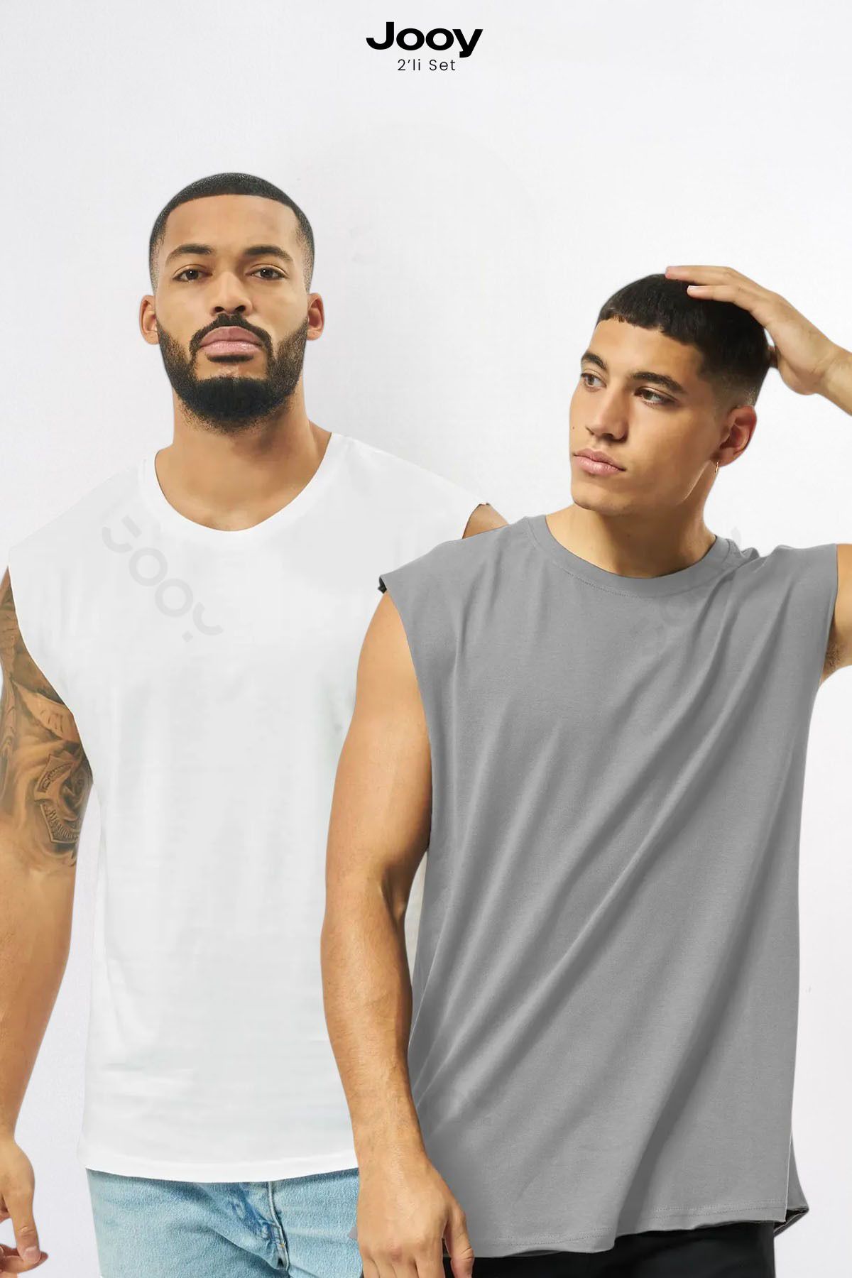 Jooy 2'li Kampanyalı Set Erkek Antrenman Sporcu Atleti Oversize Kolsuz T-Shirt