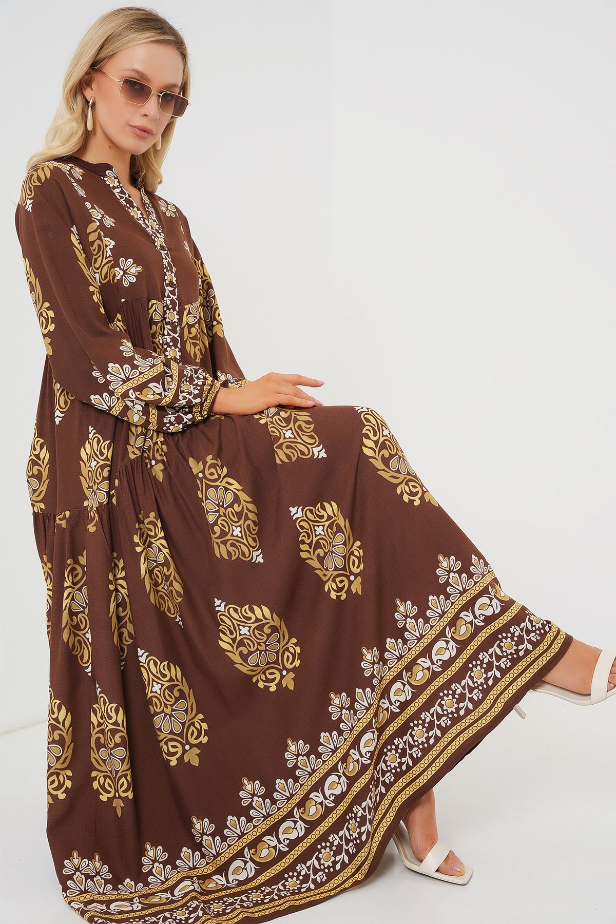 Bigdart-2423 Rochie Hijab Autentică cu Motiv - Alb - Maro 3