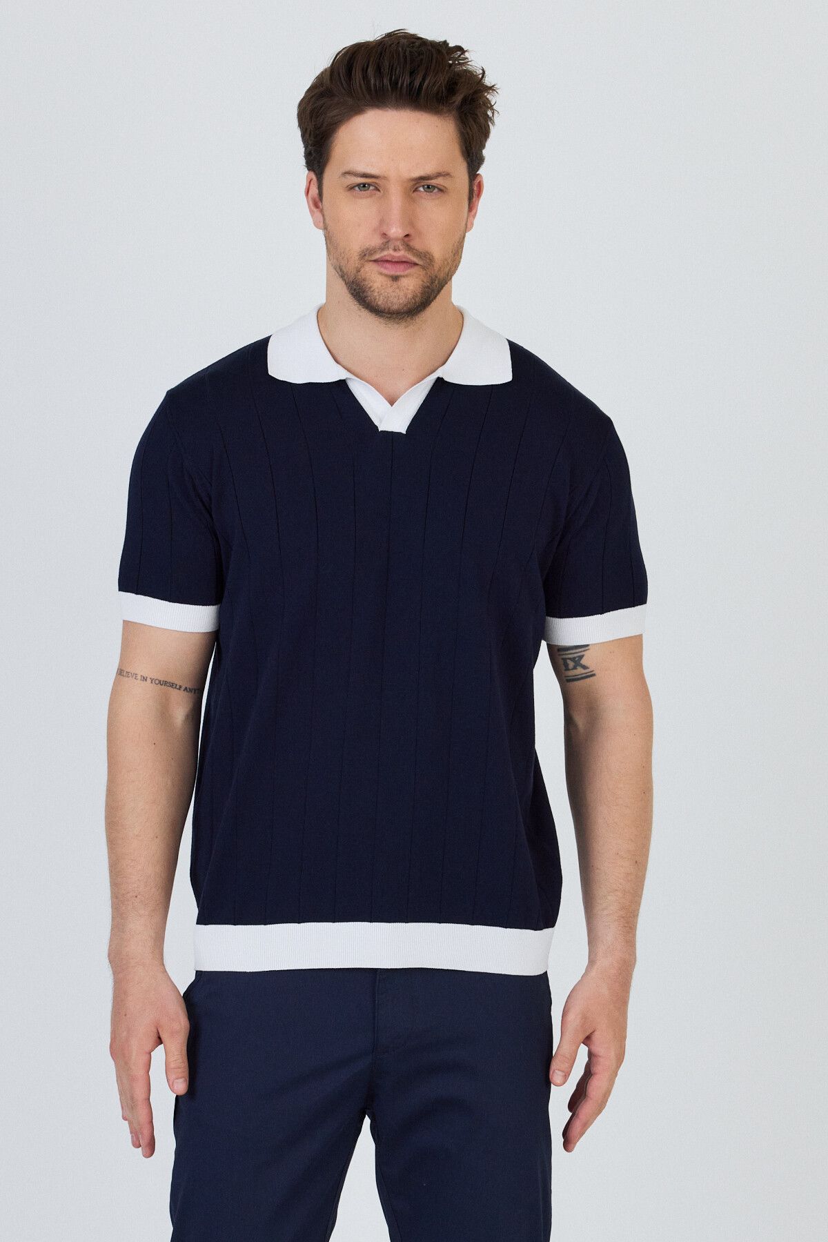 Frappoli GARCİA Erkek Lacivert-Beyaz Pamuk Karışımlı Apaç Yaka Slim Fit Polo Yaka Triko T-Shirt