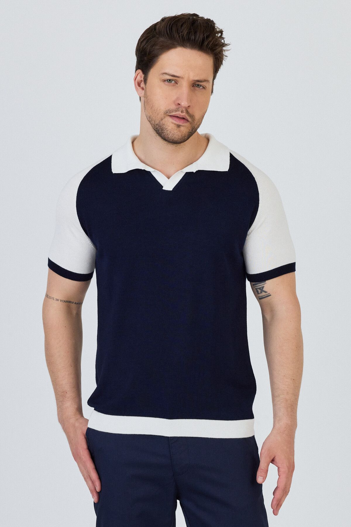 Frappoli Timber Erkek Lacivert-kemik Pamuk Karışımlı Apaç Yaka Slim Fit Polo Yaka Triko T-shirt