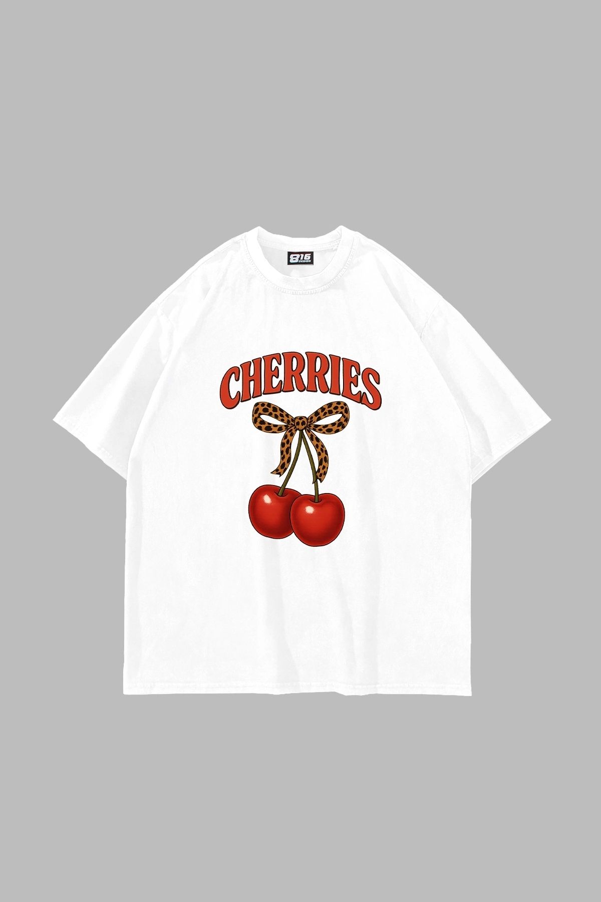 Sekizbiraltı Cherries Baskılı Oversize Unisex Beyaz Tshirt