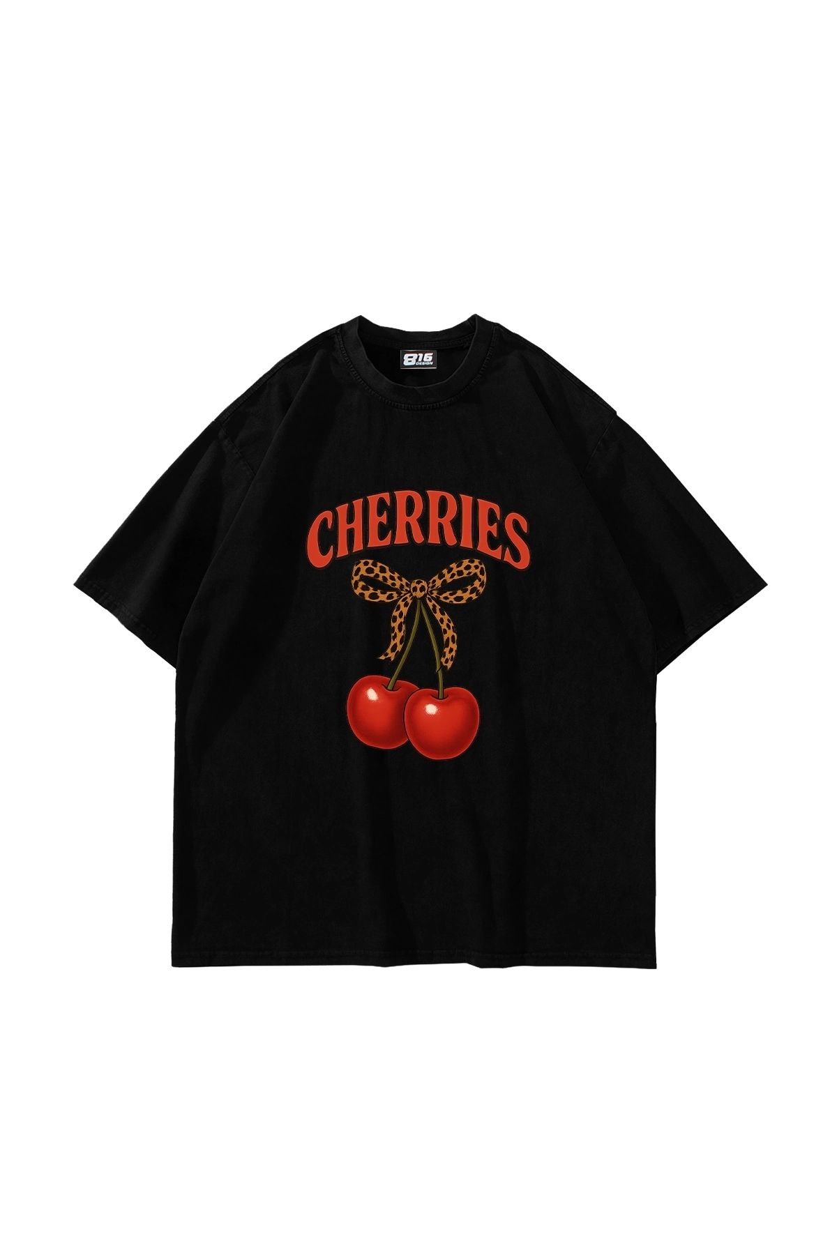 Sekizbiraltı Cherries Baskılı Oversize Unisex Siyah Tshirt