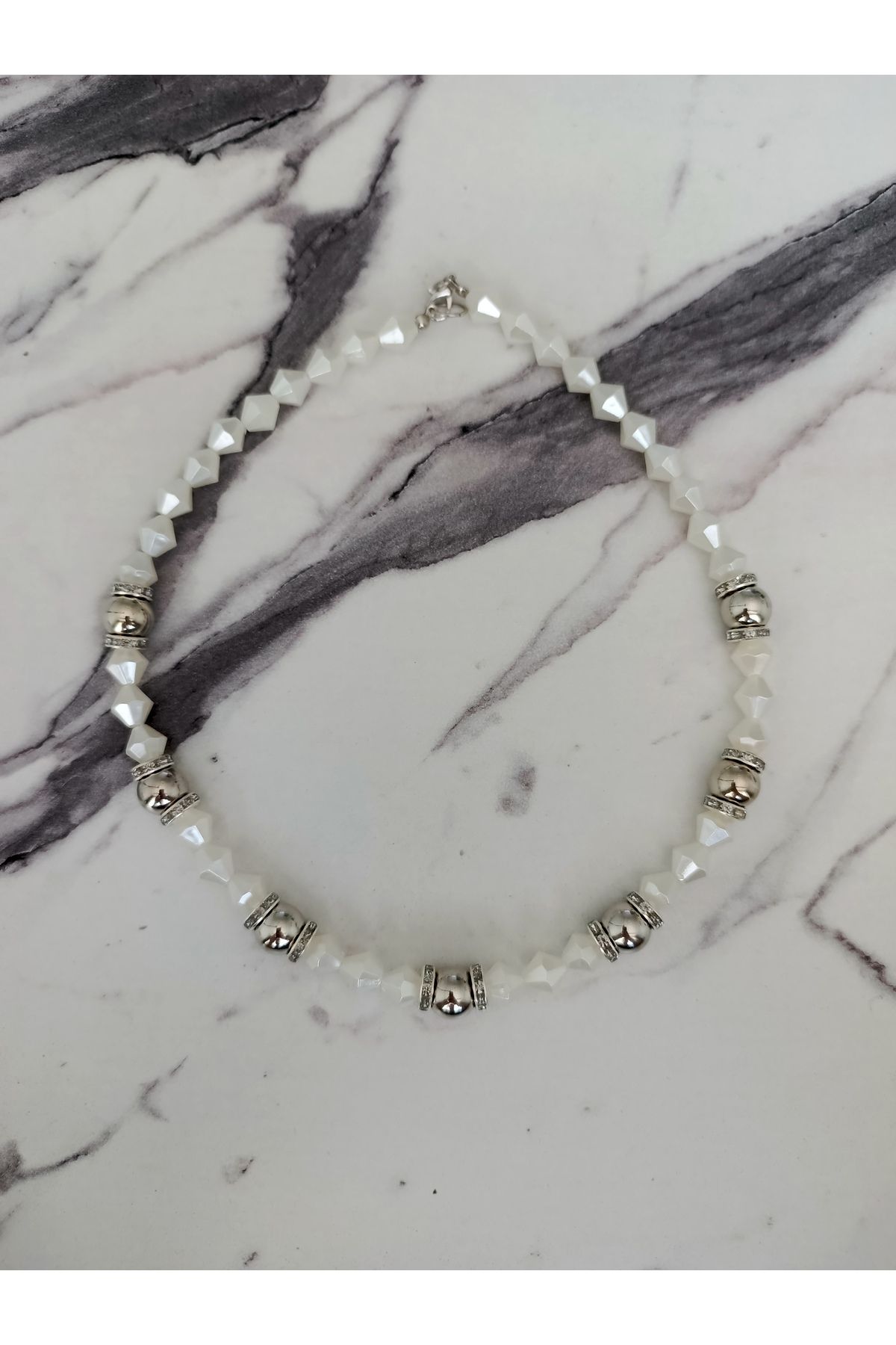 Cimcimoloji Doğal taş görünümlü Silver Detaylı İnci Kolye