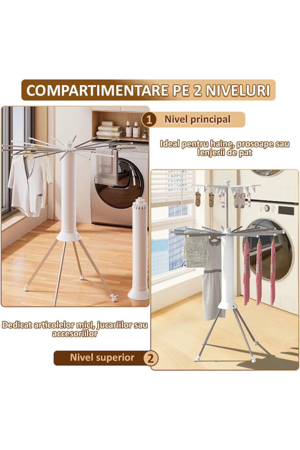 NEXTLY-Uscator De Rufe Tip Umbrela , Compartimentat Pe 2 Niveluri, Design Compact, Ergonomic 3
