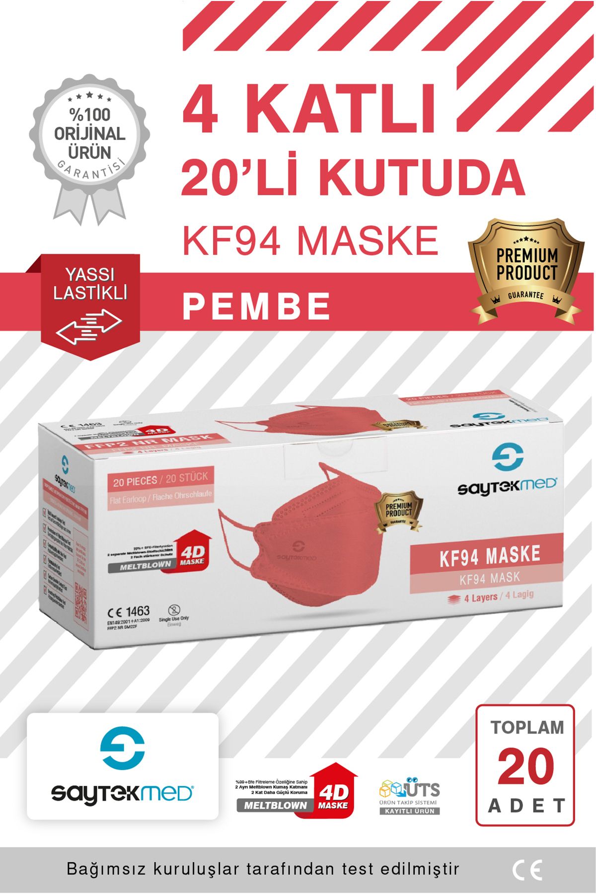 SAYTEKMED KF94 Kore Tipi, 4 katlı, PEMBE Maske, Tekli Paket, UV Steril (1 Kutu/ 20 Adet)