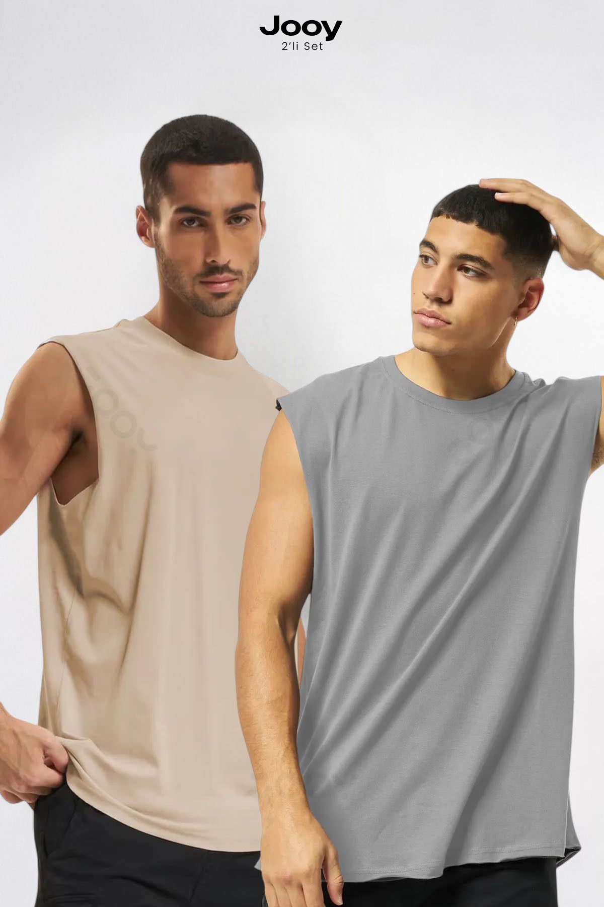 Jooy 2'li Kampanyalı Set Erkek Antrenman Sporcu Atleti Oversize Kolsuz T-Shirt