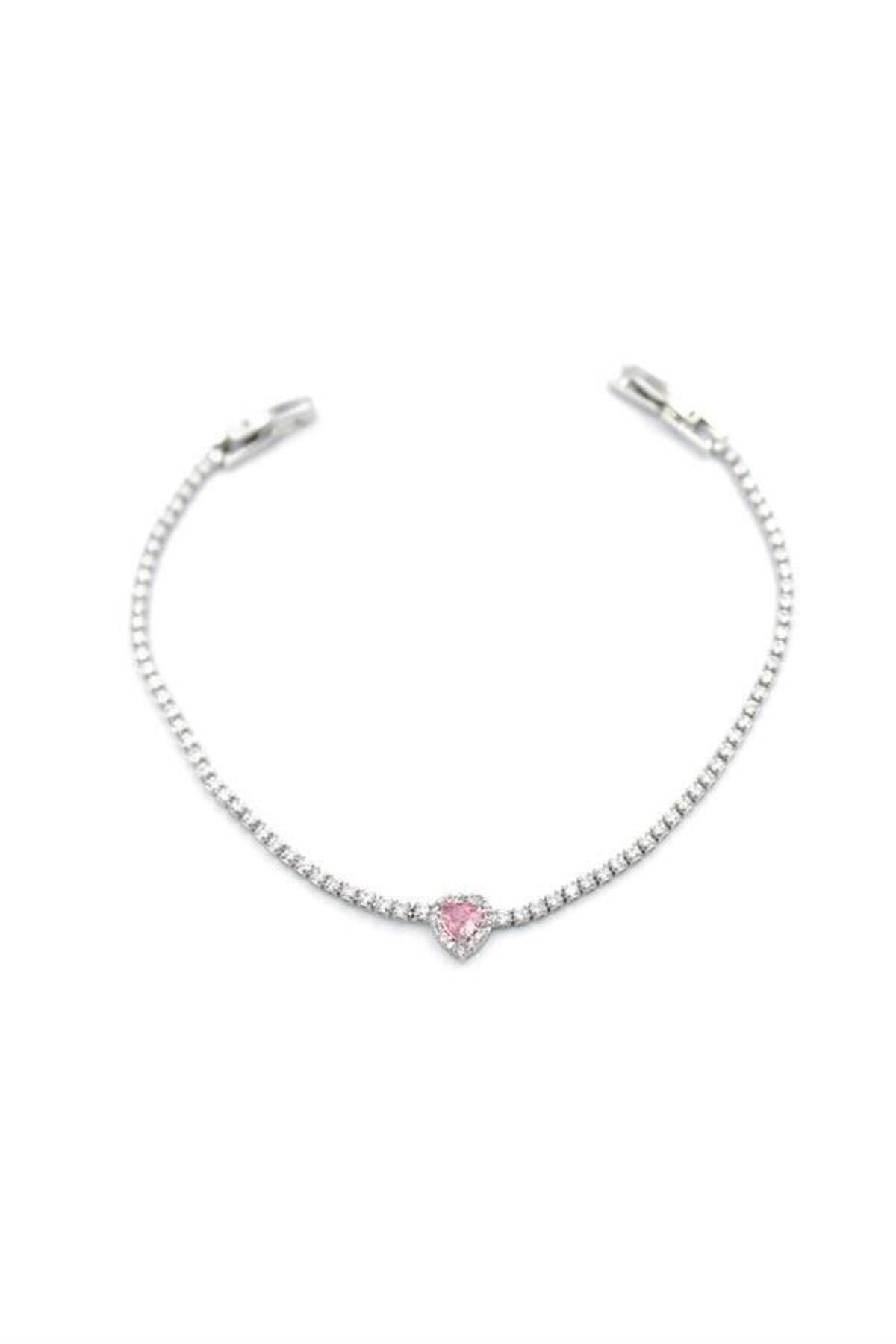 Pink Stil Taşlı Kalp Bileklik - Gümüş Pink Stil