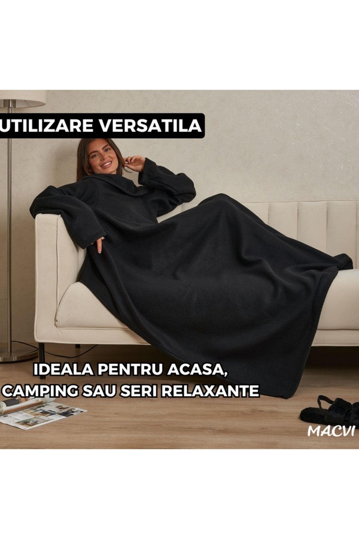 MACVI-Macvi® blanket with sleeves, super soft, comfortable, black 3