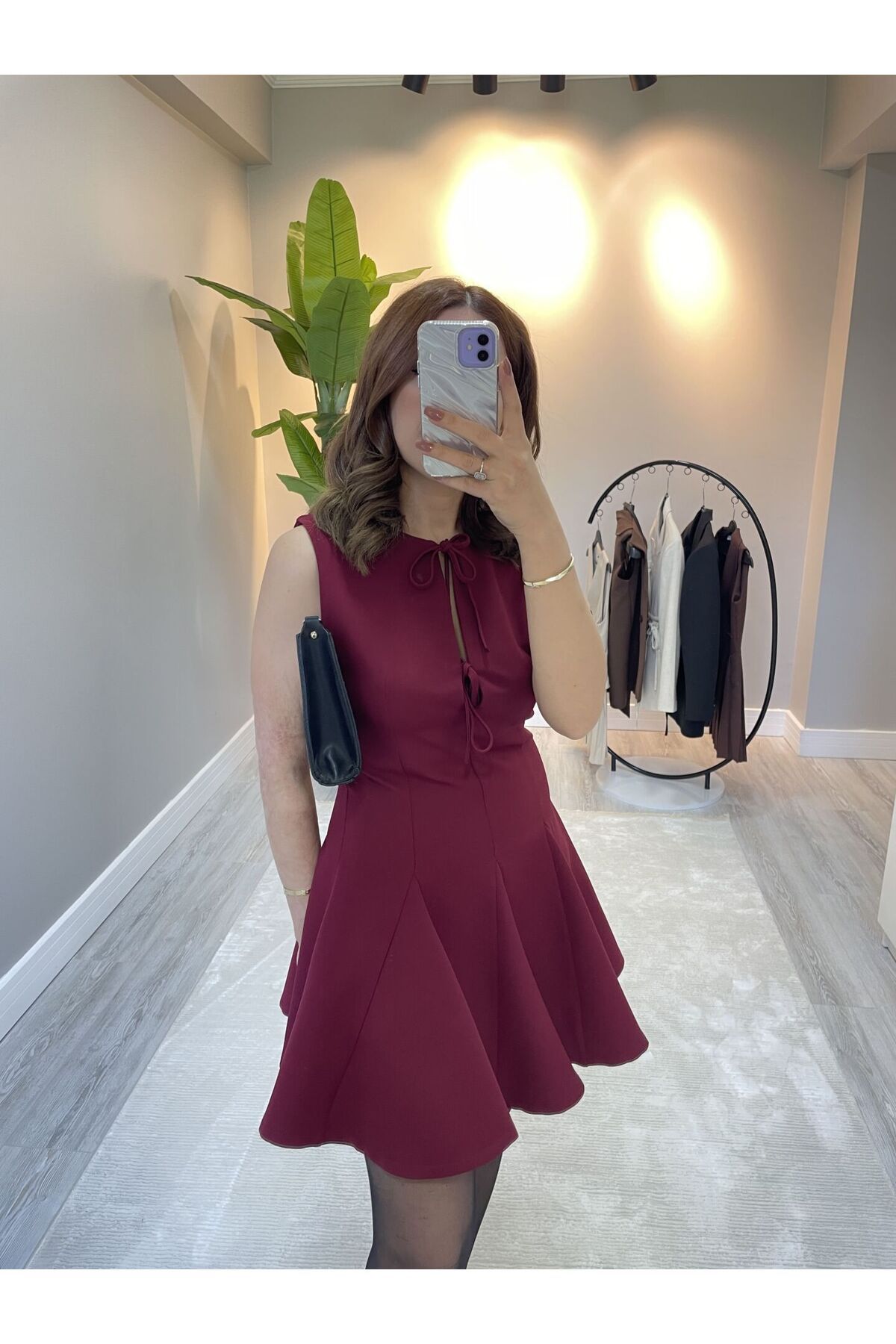 ChicAura Bordo ZR Marka İp Detaylı Şık Mini Elbise