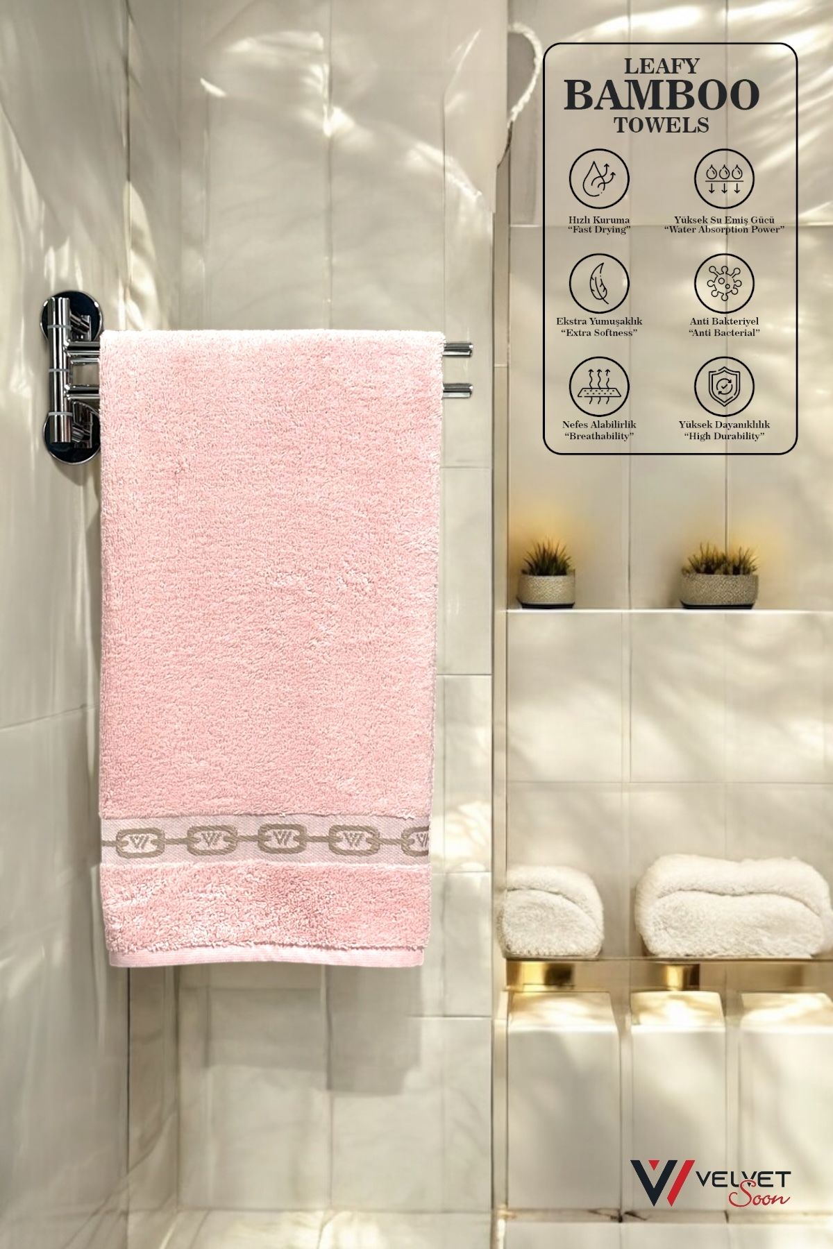 Velvet Soon Bambu Pembe Zincir Bordür 50x90 El Ve Yüz Havlusu