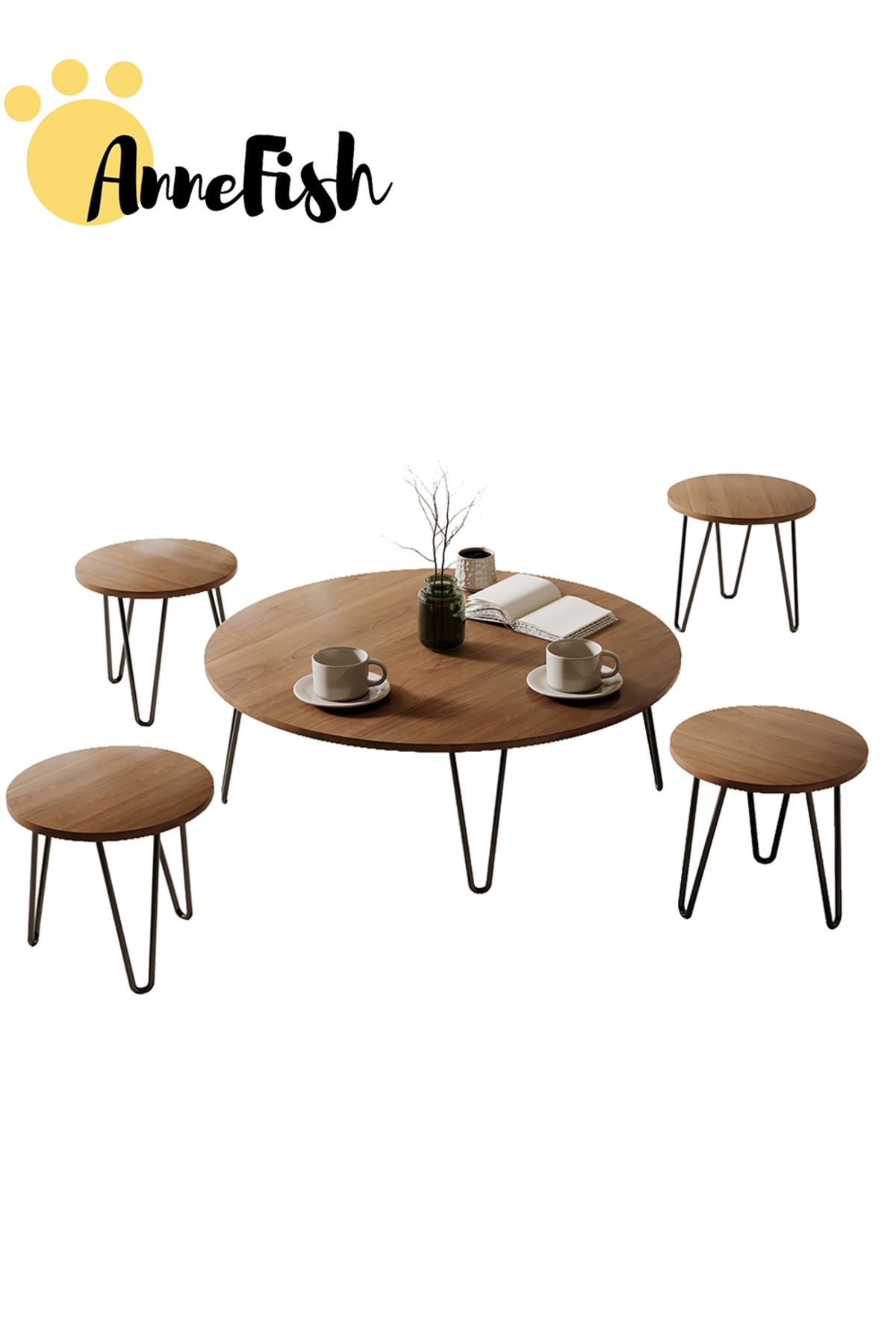 AnneFish-5pcs Floor Coffee Table Set Low Round Home Nesting Friends Gathering Table Set Of 5 Side Table 4