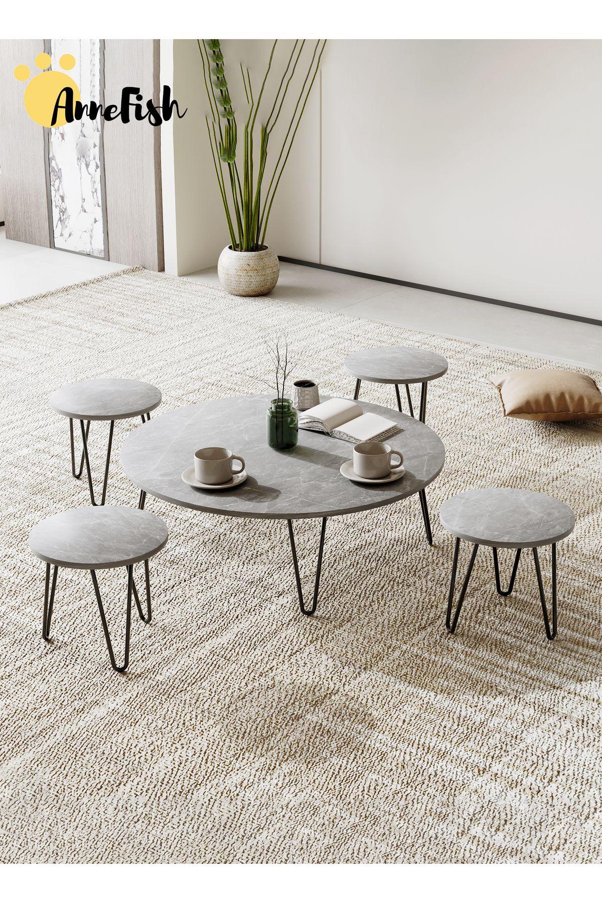 AnneFish-5pcs Floor Coffee Table Set Low Round Home Nesting Friends Gathering Table Set Of 5 Side Table 1