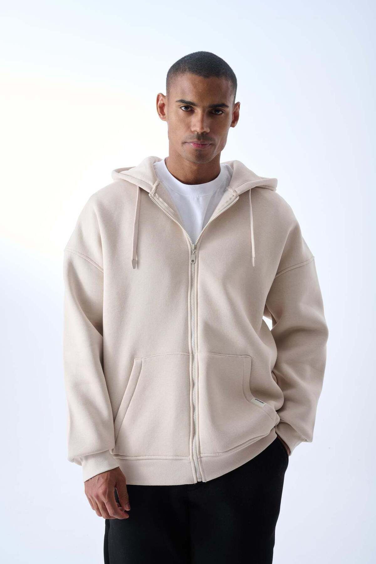 jaceyjace Fermuarlı Basic Kapüşonlu Sweatshirt - Kemik