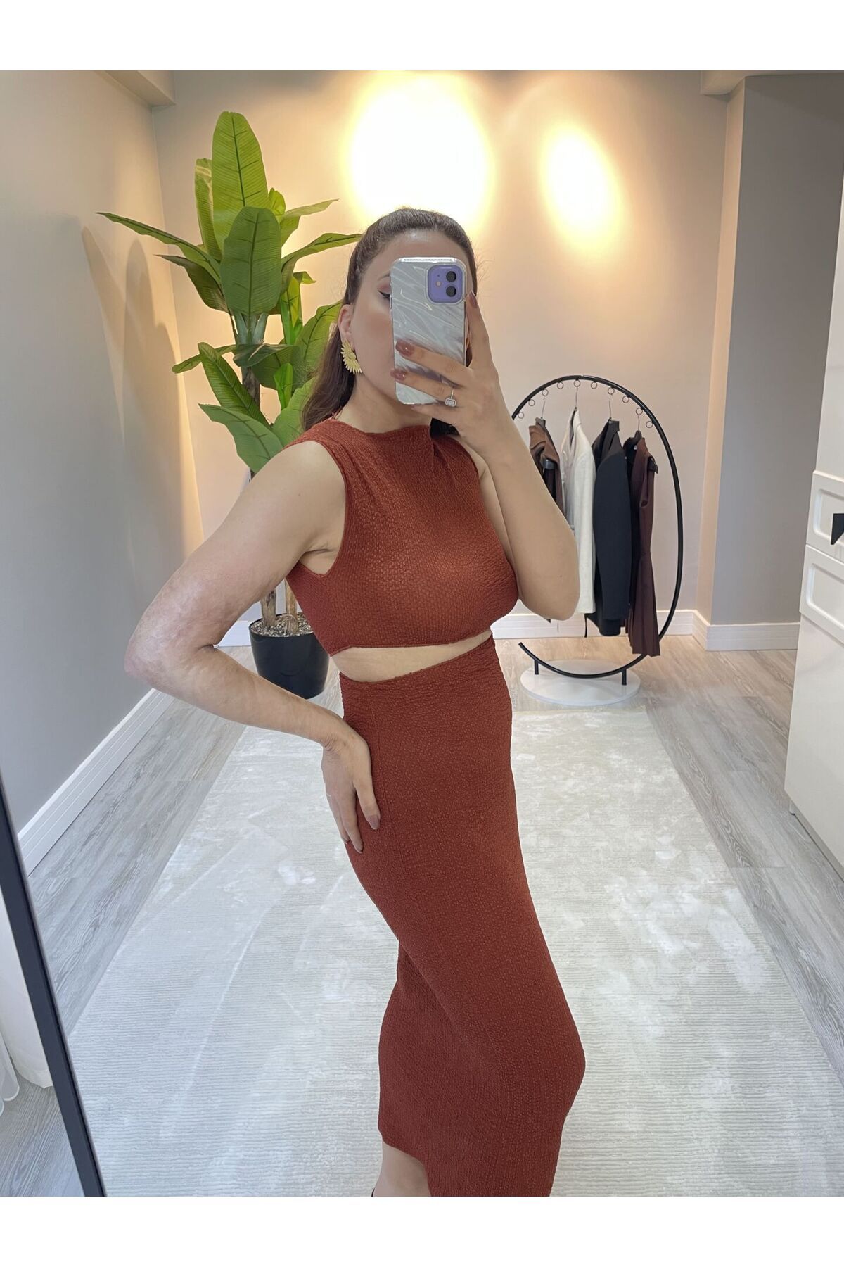 ChicAura Kiremit Rengi Bel Detaylı Uzun Elbise