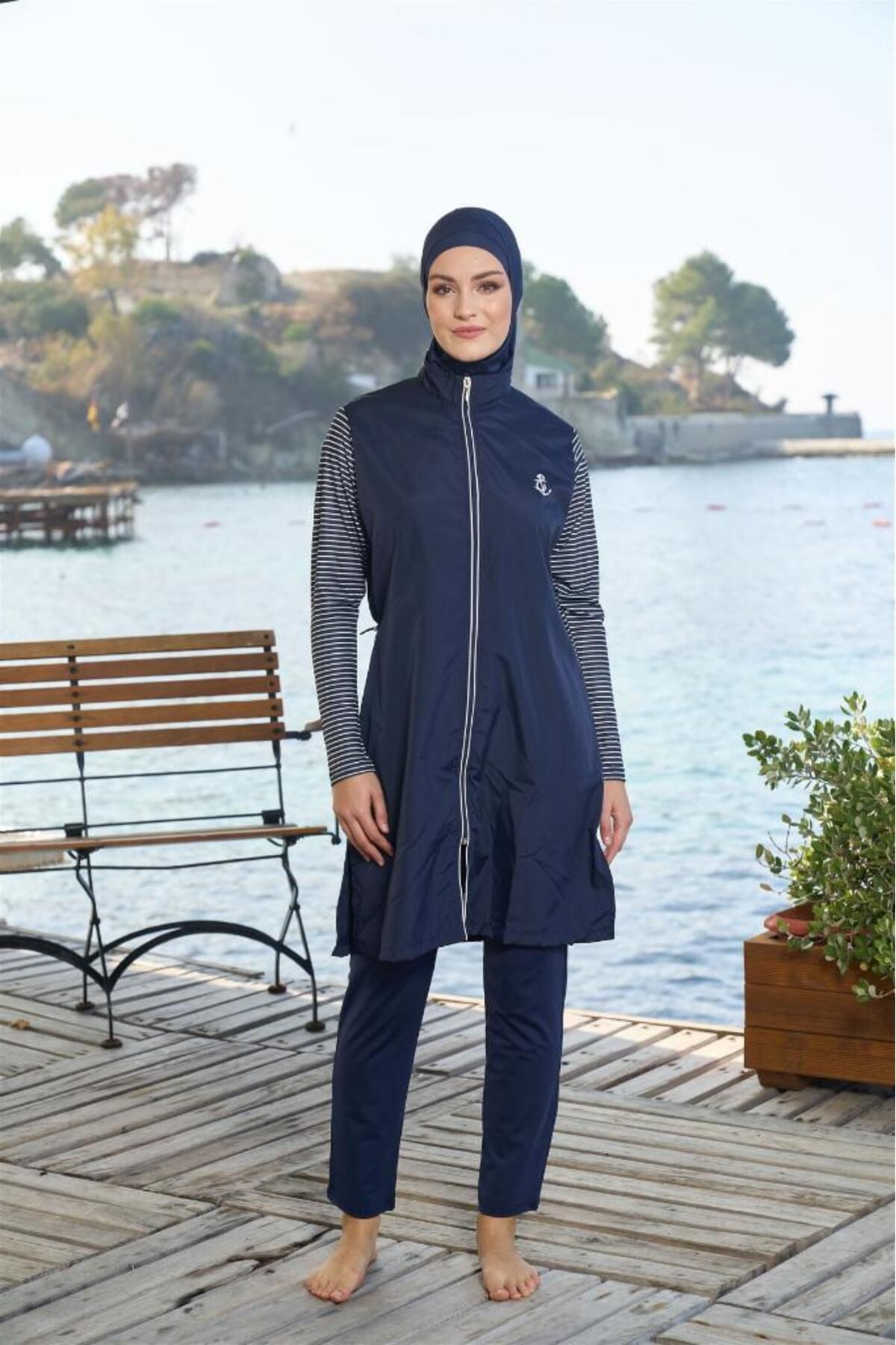 Estiva Çizgili Biyeli Fermuarlı Tam Kapalı Tesettür Mayo