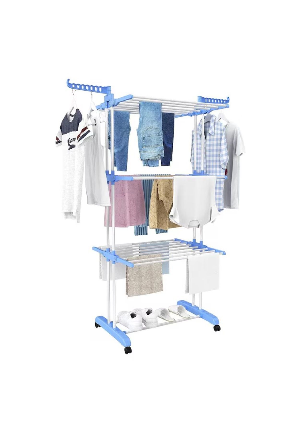 MACVI Uscator Vertical Pentru Rufe Macvi , Cu 3 Nivele De Uscare, Mobil, Pliabil, Suport Umerase, Albastru - One Size