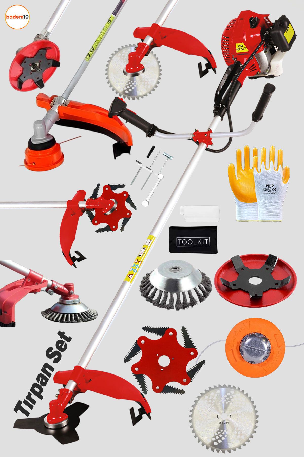 Badem10 (TIRPAN FULL SET) Benzinli Yan Motorlu Çim Biçme Makinesi Profesyonel Misinalı Ot Bahçe Tırpanı Seti
