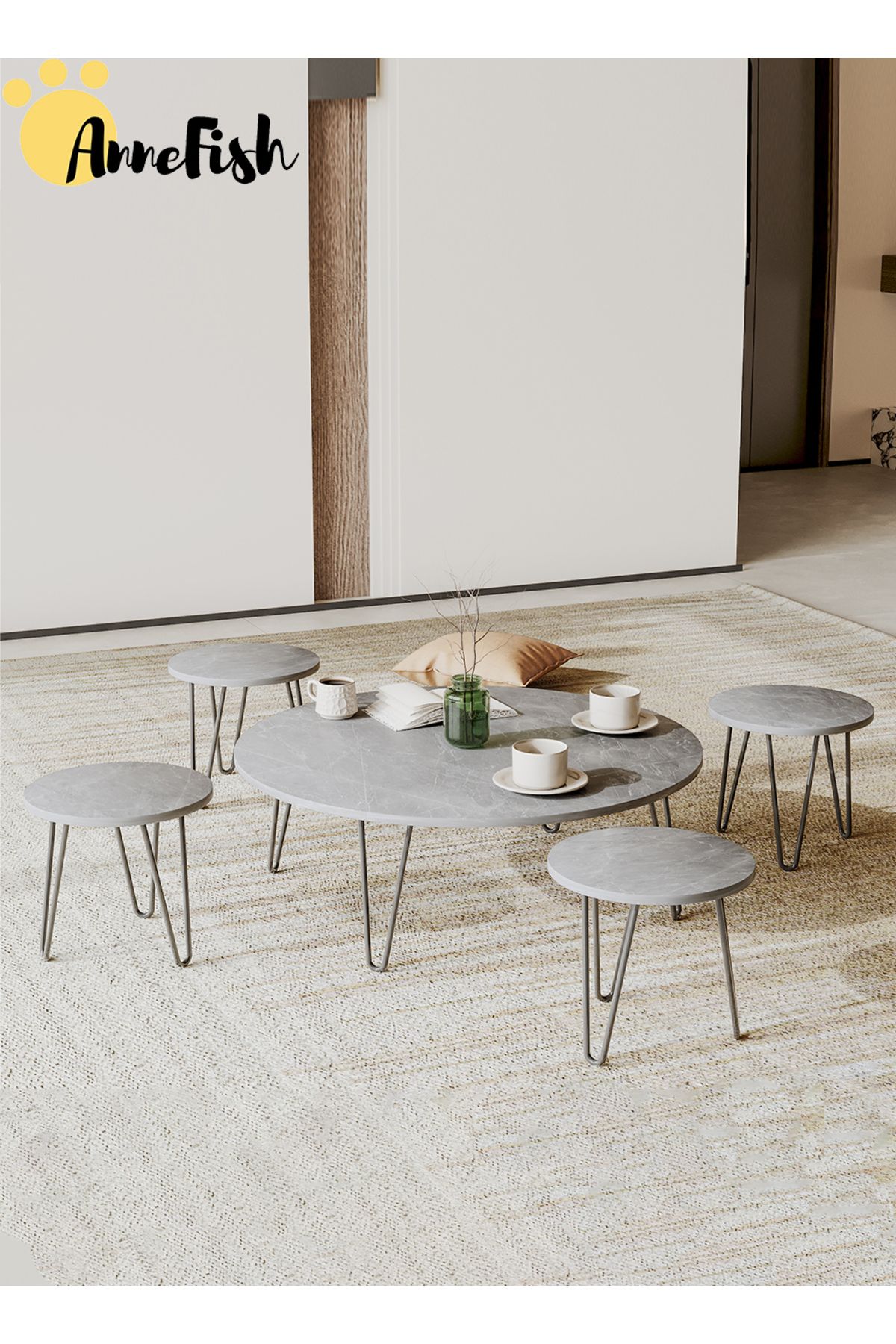 AnneFish-5pcs Floor Coffee Table Set Low Round Home Nesting Friends Gathering Table Set Of 5 Side Table 4