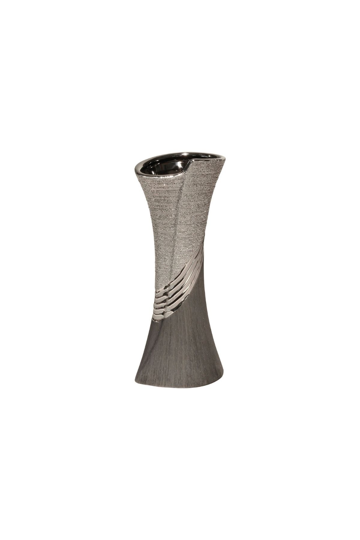 Gilde Gılde Vazo Çizgili Seramik Gri Gümüş Renkli L.10 Cm W.12 Cm H.30 Cm