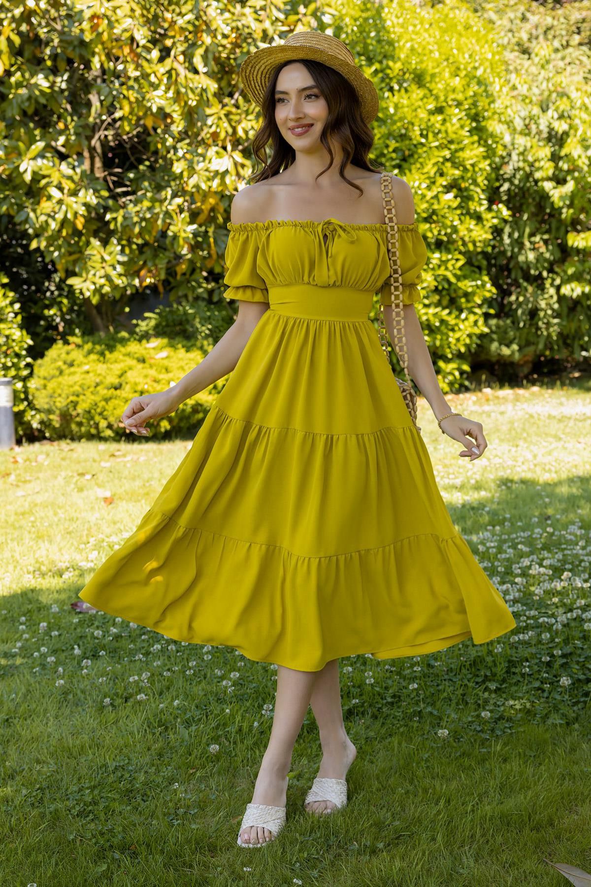 Sorridi Yakası Lastikli Göğsü Bağlamalı Midi Elbise
