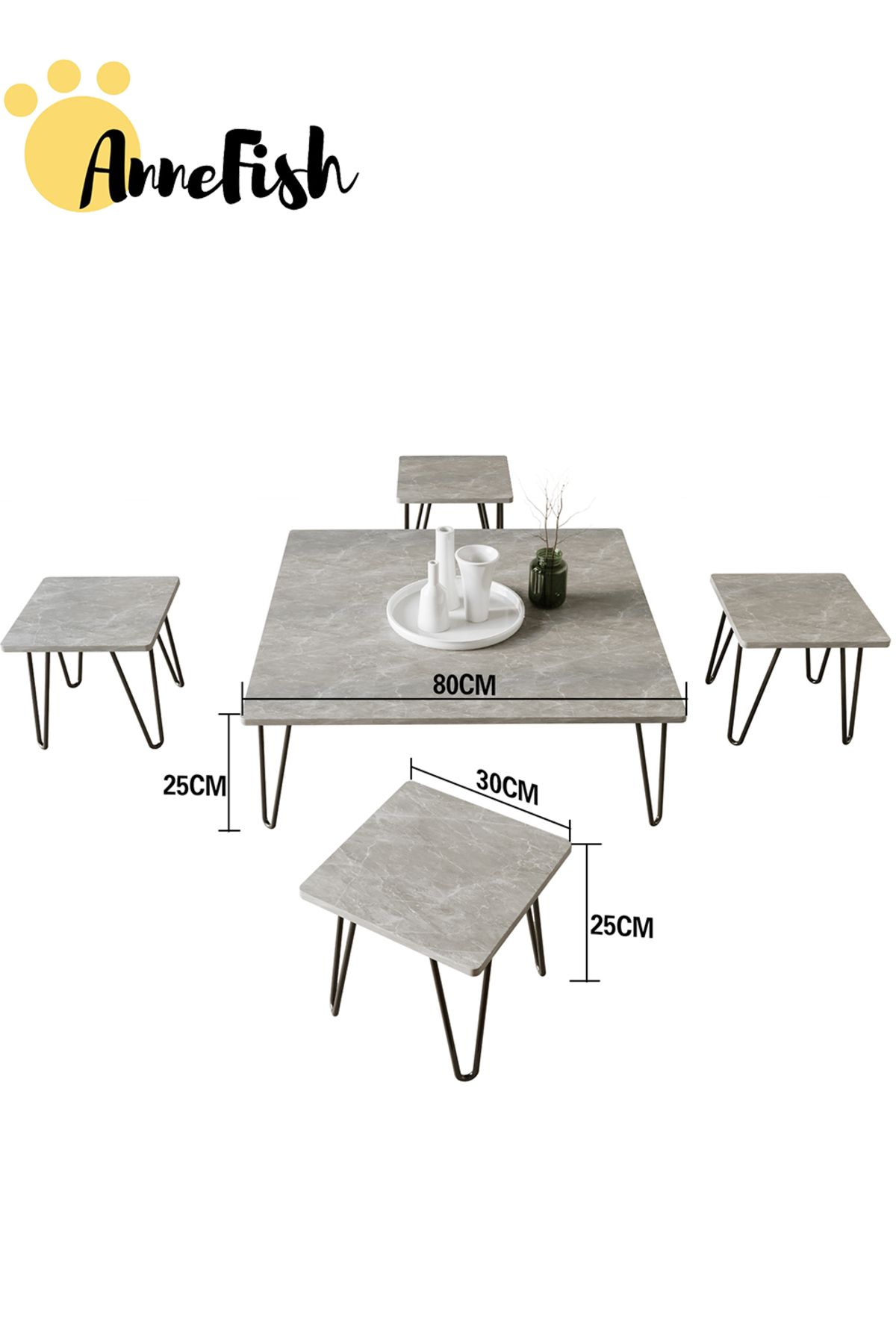 AnneFish-5pcs Floor Coffee Table Set Low Square Home Nesting Friends Gathering Table Set Of 5 Side Table 3
